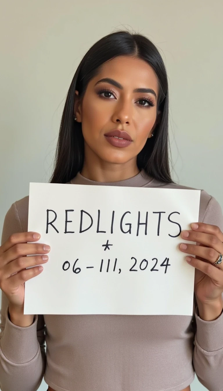 photo of woman CSTMDL, woman holds a sign with handwritten text. She is wearing long sleeves and has neutral makeup. The sign reads "REDLIGHTS" followed by "06/11/2024" in a simple script. The background is a light-colored wall