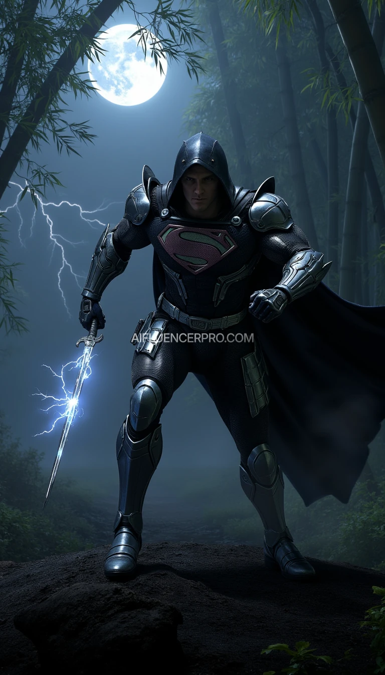 A photorealistic Superman wearing a modified ninja-inspired suit, poised to strike in an aggressive attacking pose. The suit is sleek and metallic, seamlessly merging robotic elements with armor plating. He dons a traditional ninja hooded cloak, enhancing his aura of precision and strength. In his hand, he wields an electrifying katana. The iconic 'S' symbol on his chest. The scene is set in a misty bamboo forest at night, where moonlight pierces through the dense foliage, casting sharp contrasts of light and shadow. A distant thunderstorm flashes faint lightning in the horizon, adding to the high-stakes, cinematic atmosphere. Superman lunges forward, his cape rippling as he becomes a striking figure in this otherworldly, dramatic setting.