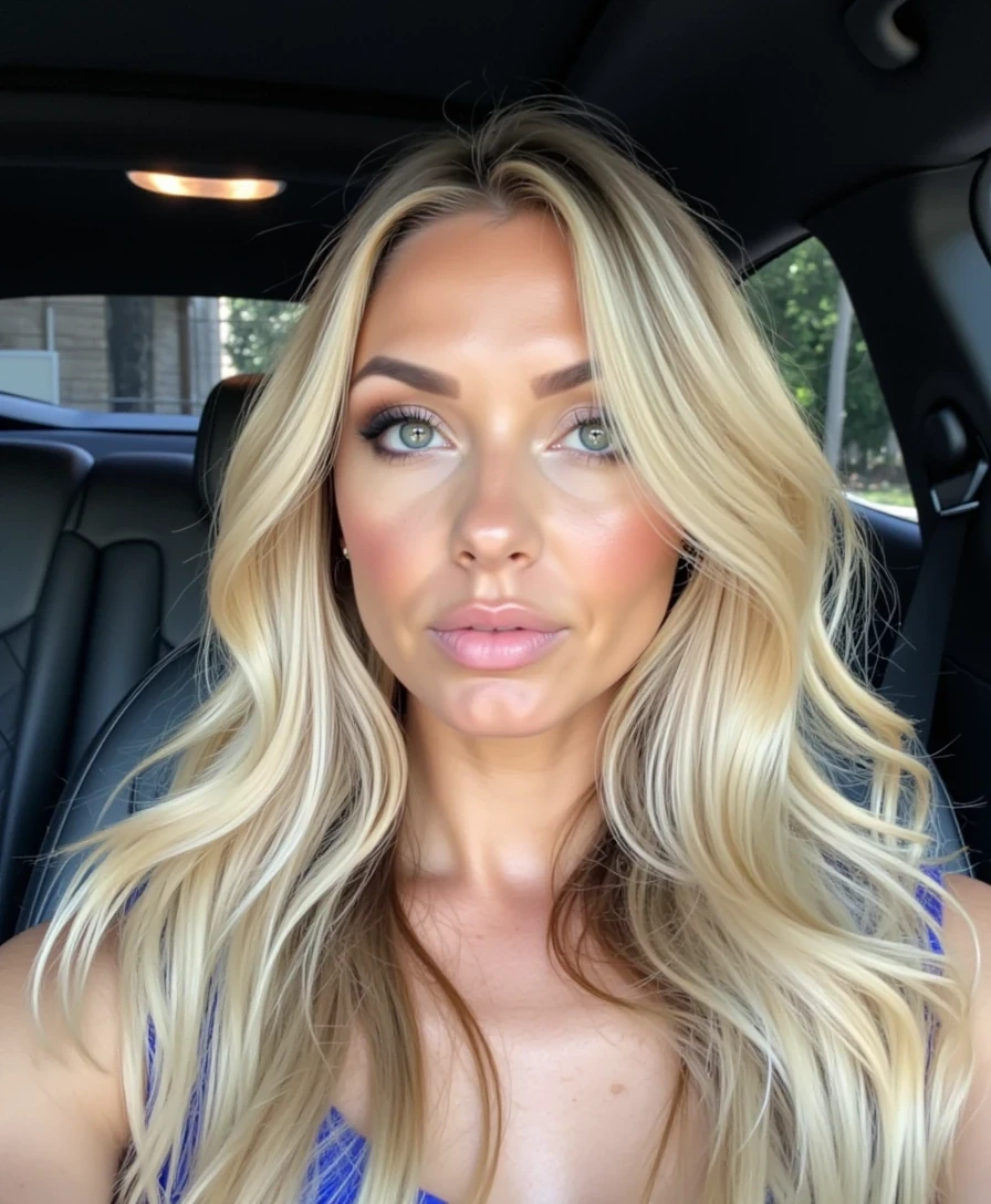 HEIC CSTMDL with blonde hair selfie in lamborghini