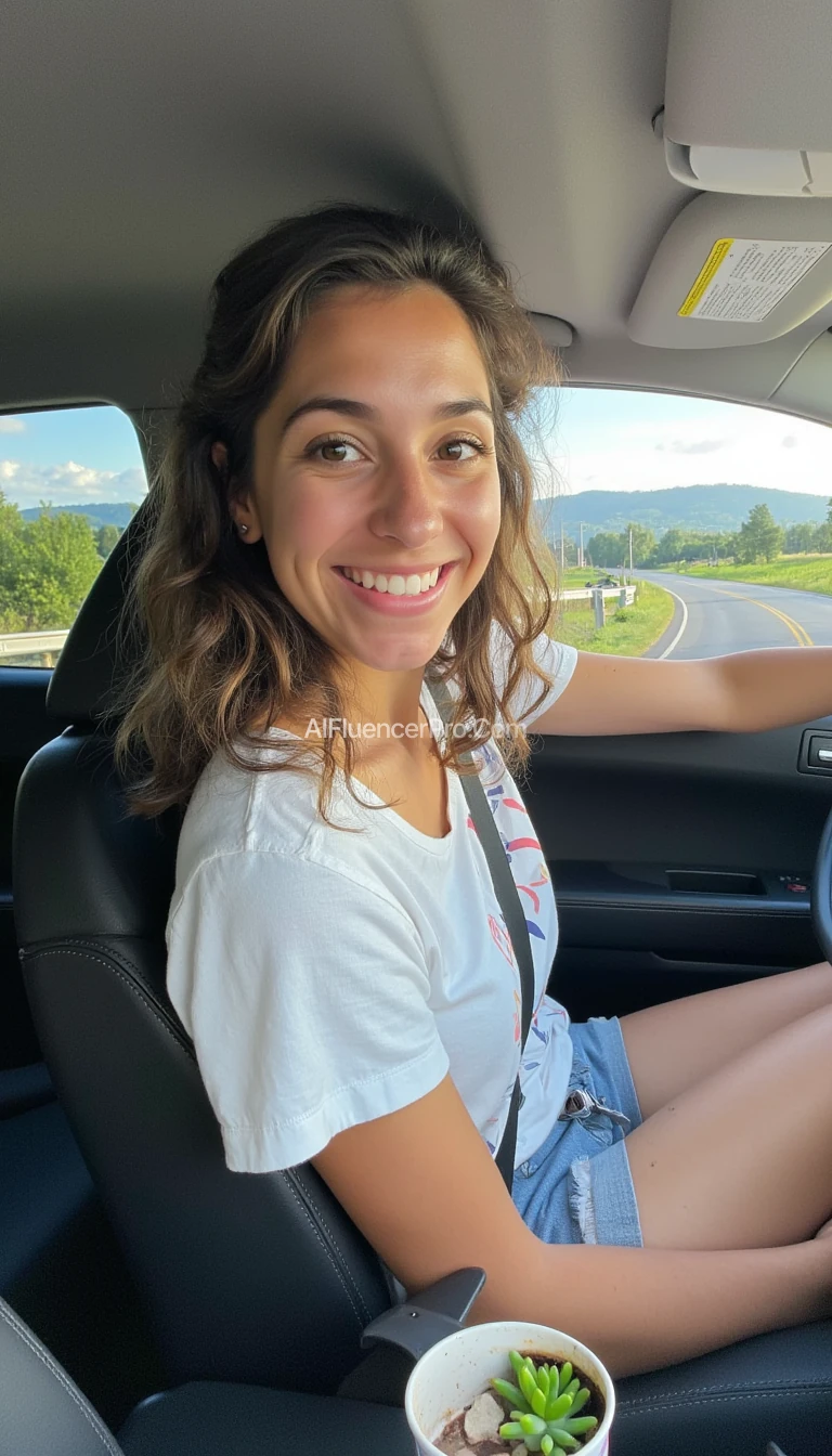 boring low quality snapchat photo circa 2015, A young woman with a warm smile, sitting in the driver's seat of a cozy car. She has soft, wavy brown hair cascading past her shoulders. The sunlight streams through the window, casting a gentle glow on her face. The interior of the car is neat and comfortable, with a coffee cup in the cup holder and a small plant on the dashboard. The background outside the window shows a scenic road lined with trees and blue skies