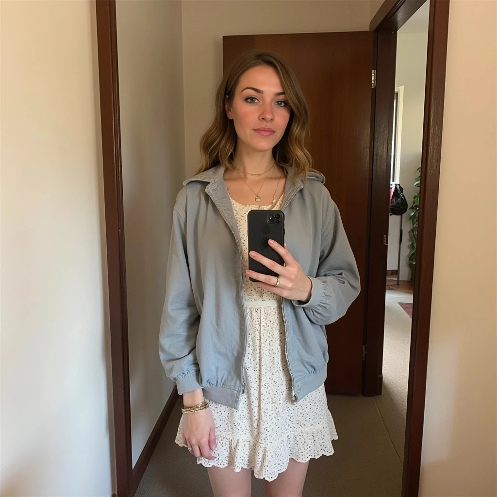 boring low quality snapchat photo circa 2015, cute woman, soft light brown hair, full outfit