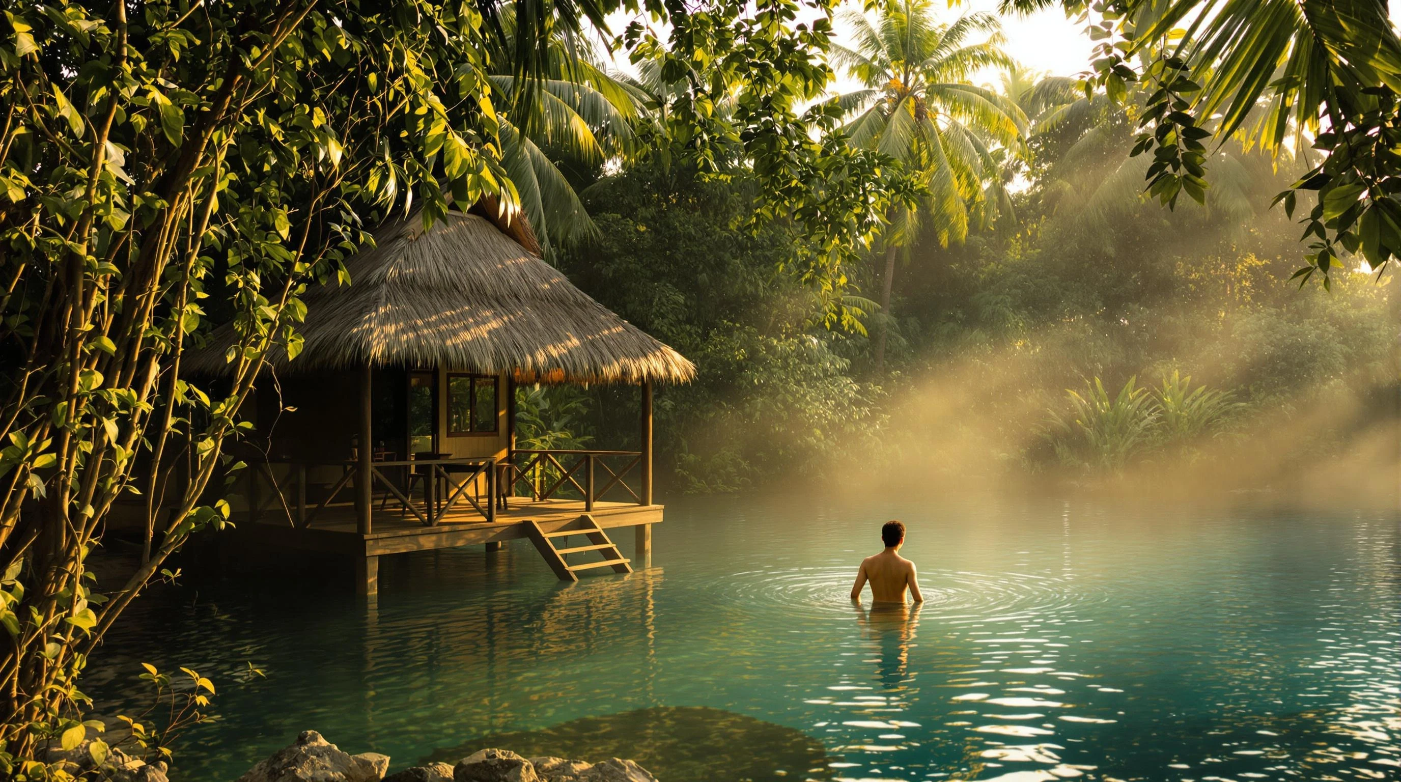 "A serene tropical jungle scene at golden hour with soft ambient lighting. A small wooden hut with a thatched roof stands peacefully by a clear natural pond. In the foreground, a young person is waling in the water, captured in a gentle, elegant motion. The environment is lush and green, with palm trees, vines, and soft mist in the background. The lighting is dreamy and cinematic, with golden highlights on the leaves and subtle reflections on the water surface. Ultra-realistic, 4K, atmospheric, emotional."