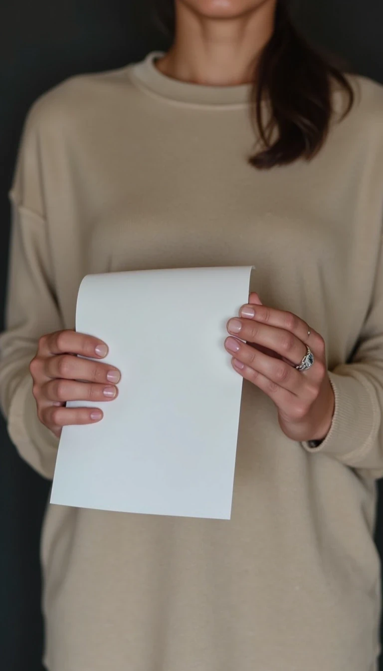 photo of woman CSTMDL, she’s holding a piece of white paper with both hands, upper body with long sleeve clothing, boring low quality Snapchat photo circa 2015