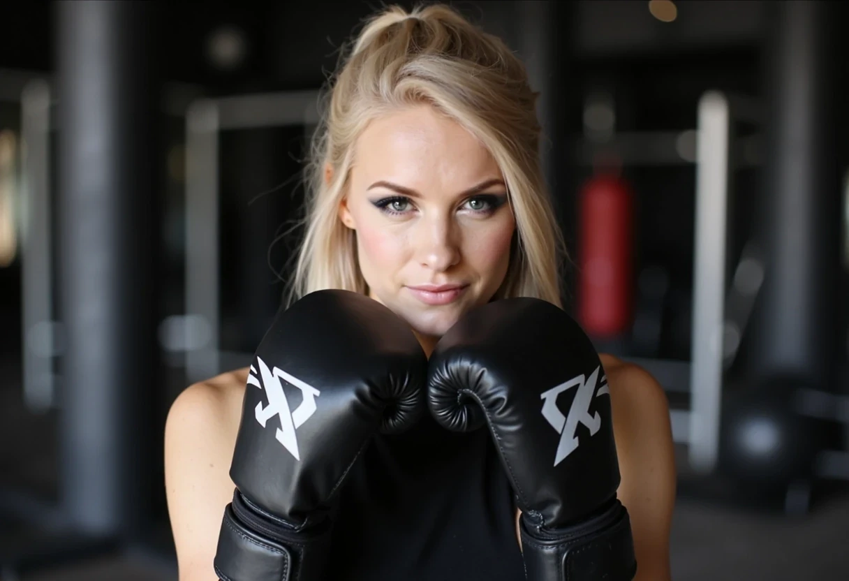 photo of woman with blonde hair in a ponytail ans blue eyes in black workout set with boxing gloves on in boxing stance pose, gym background
