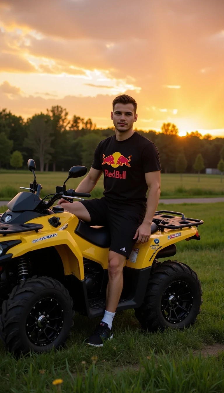 Photorealistic full-body photo of a young handsome man, he wears redbull t-shirt, black shorts, black sneakers, He is sitting on a Can Am Outlander quad bike, the setting is a meadow, with trees and a sunset in the background.


Lifestyle influencer aesthetic, cinematic realism, ultra-detailed, 8K
The photo feels cinematic, influencer-style, high quality, professional composition.
Well lit picture, Style: Photorealistic Lighting: studio lighting 
Details: Bright Lighting, High Detail, 4K
he stand infront of camera , photoghraped by a photograph
