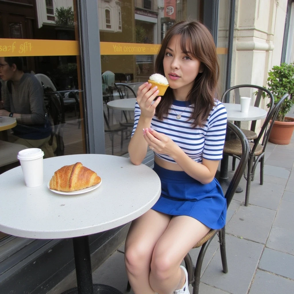 A full body photo of a 20 year old onlyfans model. Brown, soft wavy brown hair just until below shoulder. She is sitting outside a cafe. On her table is a coffee cup and a plate with a croissant. She is holding a vanilla cupcake and licking the icing. She is wearing a tight fit blue and white striped crop top, a blue, mini schoolgirl skirt, and white sneakers