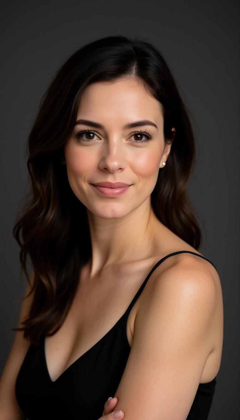 studio head-and-shoulders portrait, elegant brunette with side part, charcoal grey backdrop, soft key light from camera left, confident gaze, Ava Moreau FaceLock ::CSTMDL
