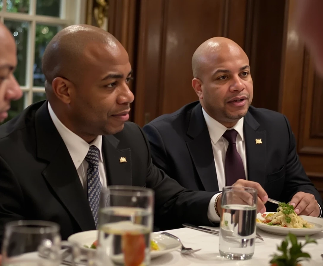 Magazine shoot,  White House dinner, same face of Carter with bald head, lean look, cstmdl