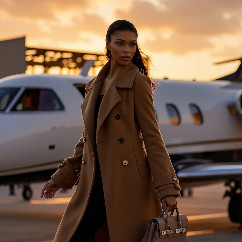 Jet Entry Moment
Shot on Sony A1, 24-70mm f/2.8, ISO 400, 1/250 sec. Model ascending private jet stairs in Max Mara cashmere coat. Light olive brown skin catching golden hour light. Hermes Birkin in hand. Background: Gulfstream G650, sunset sky, airport lights. Natural skin texture enhanced by warm light on face.
 CSTMDL