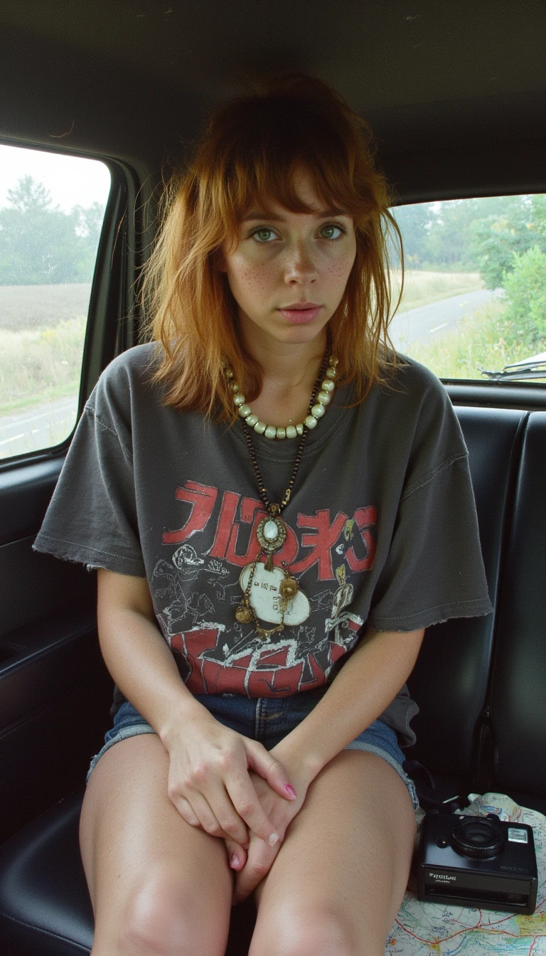 grainy film photo, circa 2013, a young woman with an intriguing, unconventional beauty, sitting sideways on the passenger seat of an old hatchback. She has unevenly cut bangs that almost touch her lashes and deep green eyes that look straight into the lens, both inviting and slightly challenging. Her hair is messy but intentional, dyed a faded copper that catches light in unexpected tones. She wears a vintage band t-shirt, frayed at the collar, layered with a handmade beaded necklace that looks like a travel souvenir. The sunlight filters through a cracked sunroof, scattering soft, broken rays across her freckles. A forgotten Polaroid camera rests next to her thigh, an open map crumpled on the dashboard. Outside the foggy window: an overgrown roadside with wildflowers breaking through the asphalt, hinting at somewhere off the beaten path. The whole scene feels like stumbling across a hidden account you immediately want to scroll through — not polished, but magnetic.