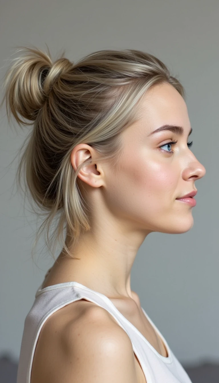 CSTMDL Harper, ultra-realistic portrait of a young woman facing right  with two-tone blonde and silver hair, styled up in a messy casual bun with loose strands falling naturally around her face. Her hair is parted slightly to the right, with a relaxed, effortless style that feels candid and authentic. She has blue eyes, rosy cheeks, and a softly pointed chin. Her skin shows its natural tone with no makeup at all — no lipstick, no gloss, no smoky eyes, no blush, no contouring, no cosmetic enhancements — just a fresh, everyday look. She is wearing a simple casual top, with a softly blurred neutral background, capturing a candid and relatable lifestyle vibe.