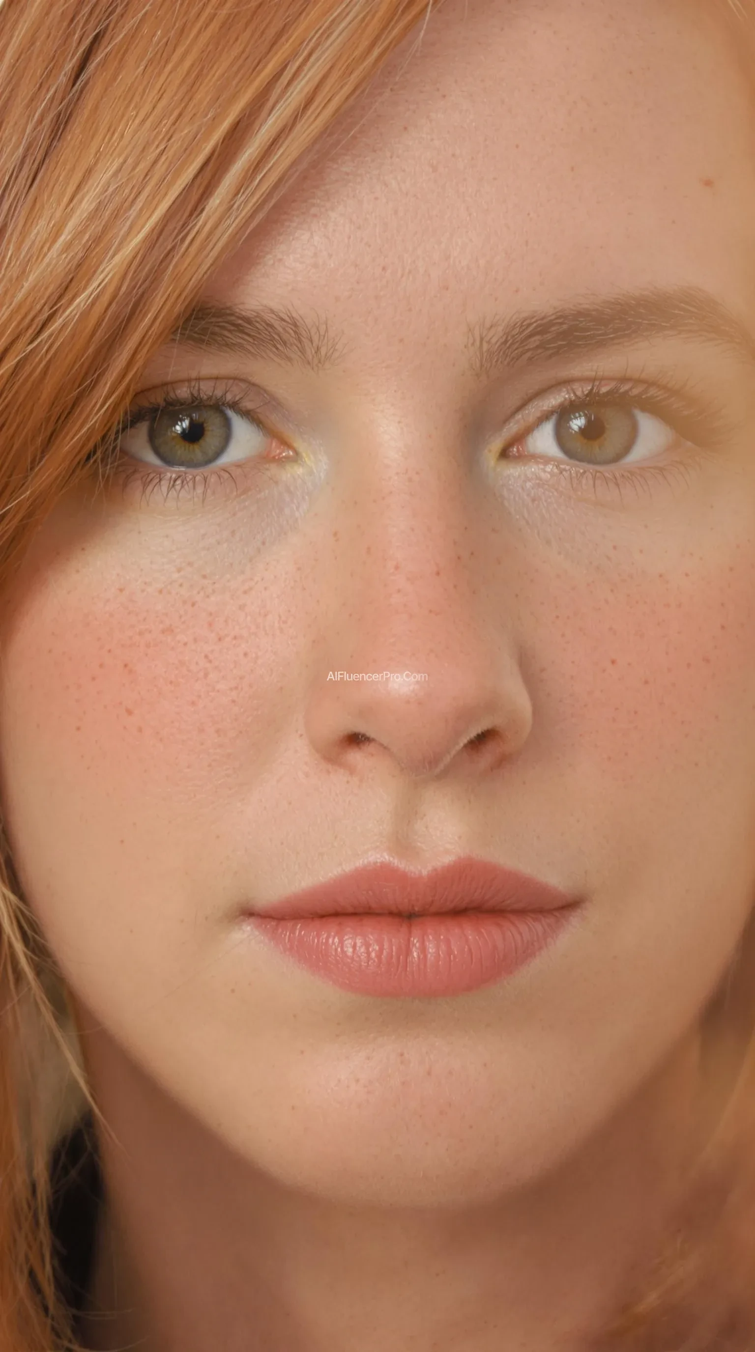 A close-up portrait of a light-skinned woman with shoulder-length reddish-brown hair, displaying a natural, unretouched complexion with freckles and subtle blush, a warm, neutral color palette, soft lighting, and a serene facial expression.
