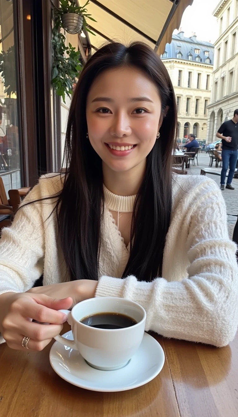 woman sitting at a café terrace in Paris, cup of coffee. She is casually dressed, with a relaxed and content expression, enjoying the ambiance of the city. The background shows a typical Parisian street with café tables, buildings with French architecture. The scene is bathed in soft, natural sunlight, capturing a peaceful and charming Parisian moment, perfect hands