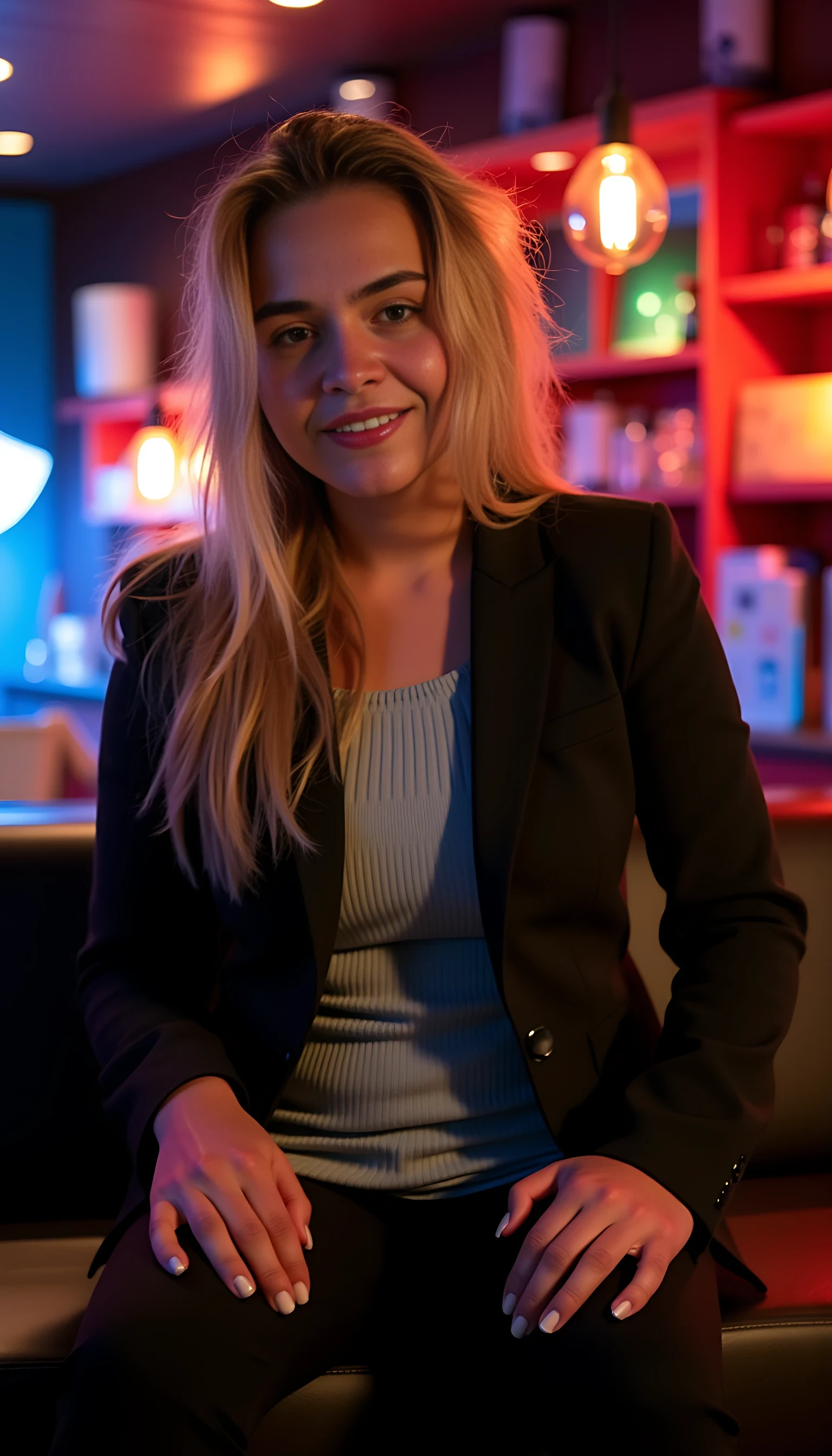 Man full average body with a beautiful blonde woman with blue eyes seating on his lab and a couch  with a night club background 