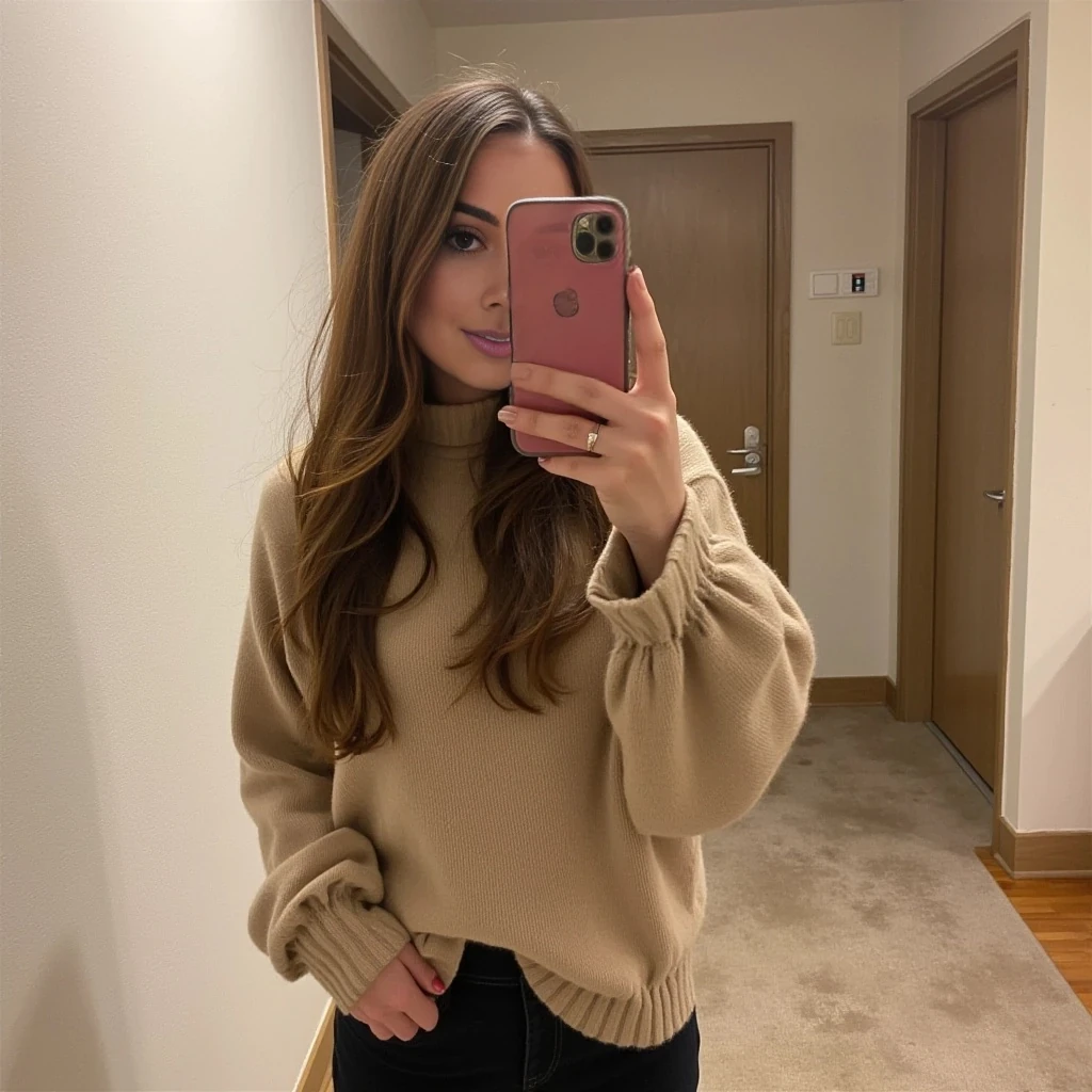 boring low quality snapchat photo circa 2015, cute woman, soft light brown hair, full outfit