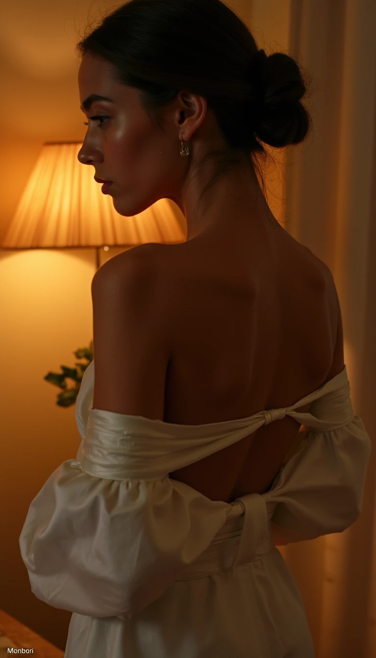 Over-the-shoulder close-up: focus on sculpted shoulder blades and curve of spine, model wearing sheer silk robe loosely tied, warm amber practical lamp in background, cinematic color grading