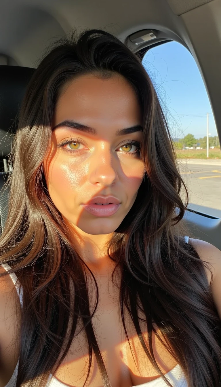 boring low quality Snapchat photo circa 2013, iPhone 4 close-up selfie of CSTMDL, young Mediterranean woman with golden-olive skin, extra-long brunette hair in glossy waves, almond-shaped green eyes framed by lashes, arched brows, sculpted cheekbones, button nose, full nude lips. Skin is textured with visible pores on her cheeks, faint under-eye bags, light oil on her T-zone, and tiny bumps along her jawline. She sits by the oval jet window, daylight casting uneven shadows across her face, overexposed glare washing out her cheek, while the airplane seat leather is faintly visible behind her. The image is pixelated, with washed-out colors and compression smudges on her hair