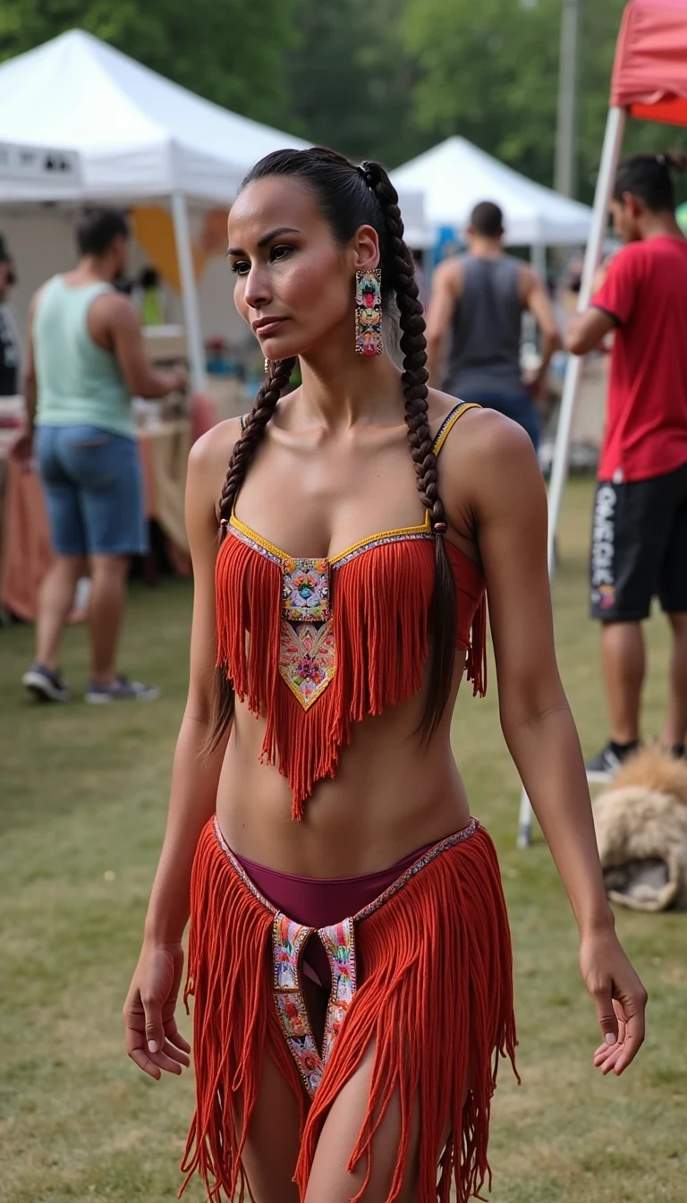 photo of woman CSTMDL, a medium photo of, a slim woman, her full body is in the scene, she has a slender petite build with petite small boobs and a flat chest, she has small dark skin nipples with long pointy nipple ducts and small dark skinned areolas, her hair is styled with two long braids, she is wearing strawberry earrings, she is wearing a native American Jingle Dress, she is wearing ankle height smoked hide moccasins, natural lighting, natural light, amateur photography, shot on an iPhone, she is posing seductively in market vendor's booth under a 10 x 10 tent, she is maintaining intense eye contact with the camera,