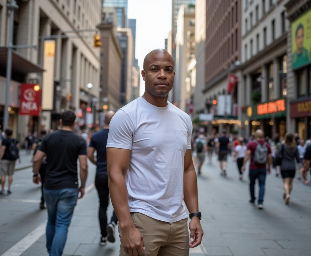 New York City  , t shirt and khakis and female supermodel date,  same face of Carter with bald head, lean look, cstmdl