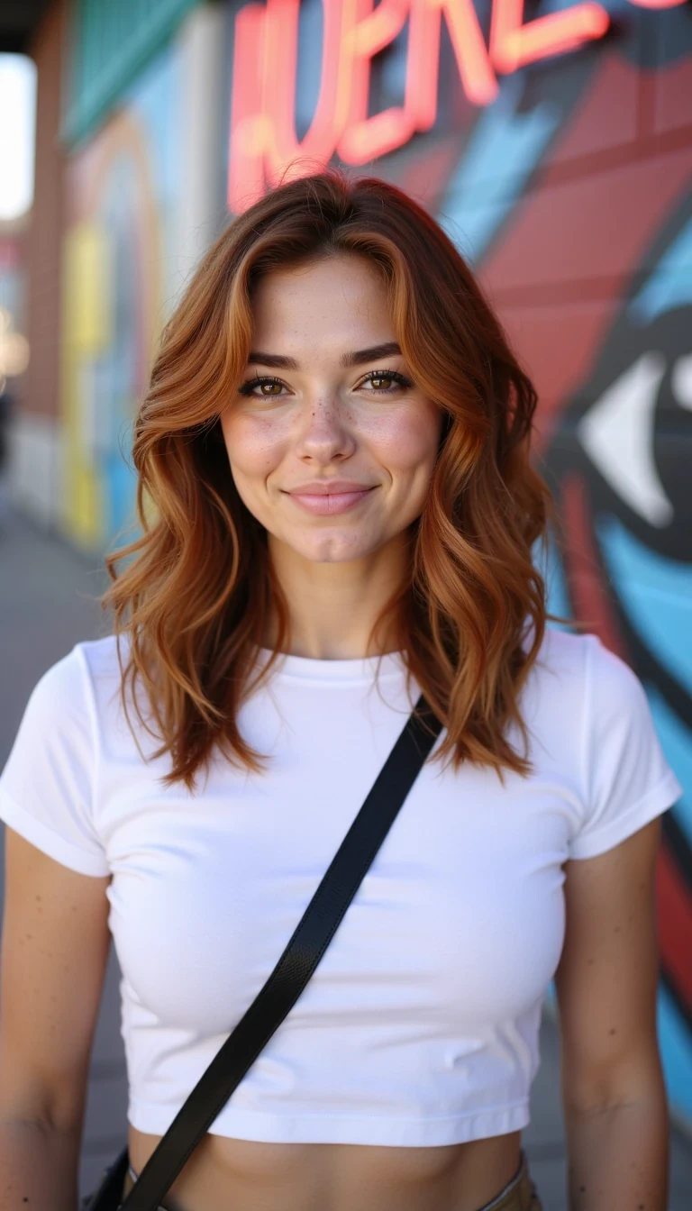 Bust-up portrait of Shay standing in front of a colorful mural wall in Denver’s RiNo Arts District. Auburn wavy hair loose, freckles glowing under the soft neon sign reflections. Wearing a white cropped tee with neckline visible, casual crossbody strap across her chest. Soft half-smile, natural candid look., eye-level shot, evening urban lighting with mural blur in background.