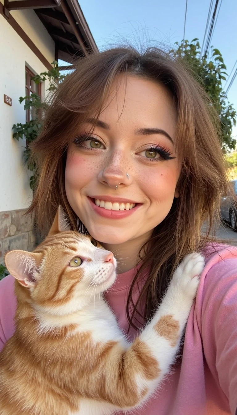 iphone shot of CSTMDL woman with green eyes and small blush and freckles make-up, outside on the street with small orange cat petting her, smiling at the camera, being happy