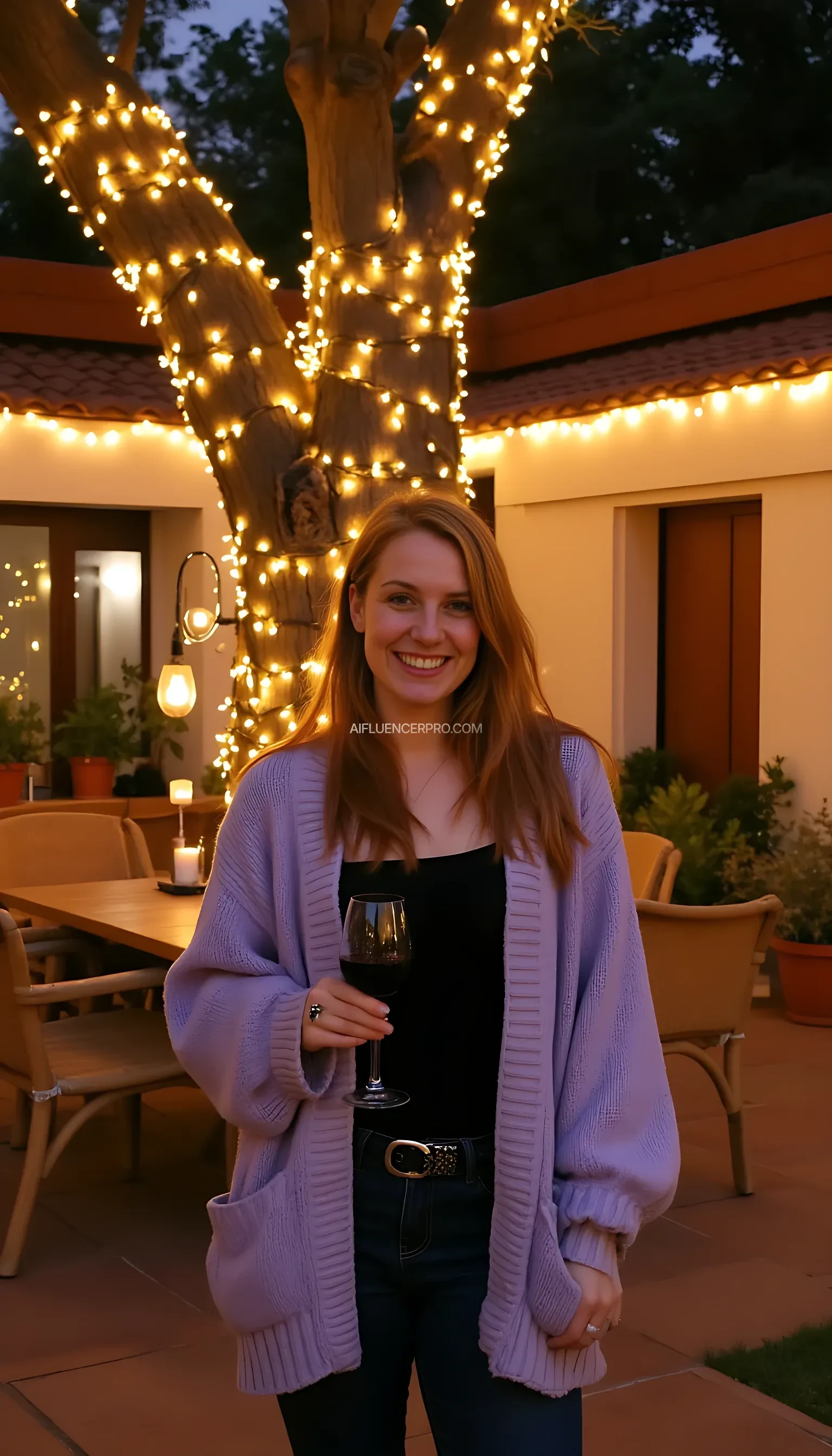 A full body shot photo of a woman standing outdoors at a cozy, warmly lit patio in the evening, with soft, glowing lights wrapped around a tree behind them creating a charming atmosphere. The image is rich in detail, with warm tones and clear textures throughout. The woman has fair skin, a slim build, and long reddish-blonde hair, also worn loose. She is smiling warmly at the camera, holding a glass of red wine in her right hand, and wears a soft-textured lavender cardigan over a black top. The background features a large tree with sparkling string lights wrapped around its trunk and branches, adding a magical touch to the scene. The setting suggests a private outdoor seating area, with elements like terracotta-tiled roofing, greenery, and rattan chairs contributing to a serene, inviting vibe. The overall composition is balanced, with the woman framed against the softly glowing tree, and the lighting enhances the warm, intimate feel of a quiet evening shared among friends. The details are vivid, with textures of clothing, skin, and background elements clearly visible, while the warm lighting creates a relaxed and joyful mood