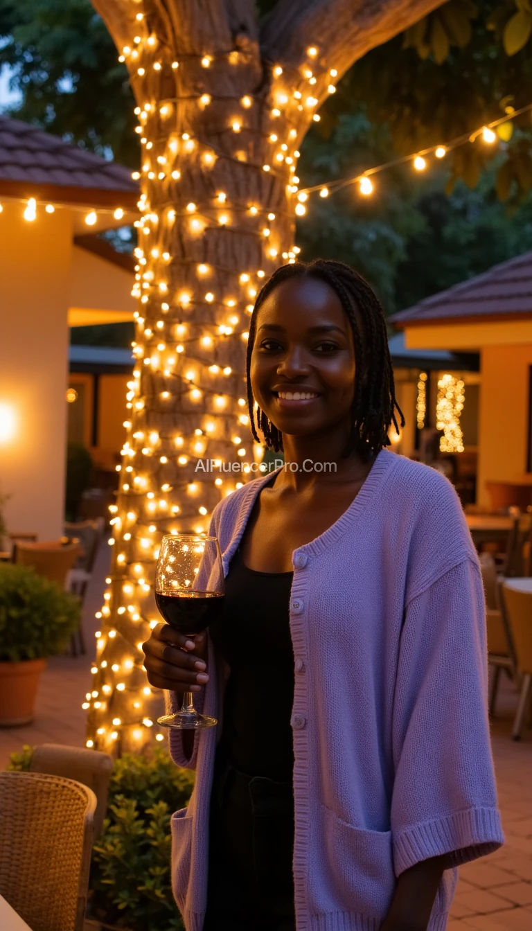 A full body shot photo of a Kenyan woman standing outdoors at a cozy, warmly lit patio in the evening, with soft, glowing lights wrapped around a tree behind them creating a charming atmosphere. The image is rich in detail, with warm tones and clear textures throughout. The woman has fair skin, a slim build, and short African braid hair, also worn loose. She is smiling warmly at the camera, holding a glass of red wine in her right hand, and wears a soft-textured lavender cardigan over a black top. The background features a large tree with sparkling string lights wrapped around its trunk and branches, adding a magical touch to the scene. The setting suggests a private outdoor seating area, with elements like terracotta-tiled roofing, greenery, and rattan chairs contributing to a serene, inviting vibe. The overall composition is balanced, with the woman framed against the softly glowing tree, and the lighting enhances the warm, intimate feel of a quiet evening shared among friends. The details are vivid, with textures of clothing, skin, and background elements clearly visible, while the warm lighting creates a relaxed and joyful mood