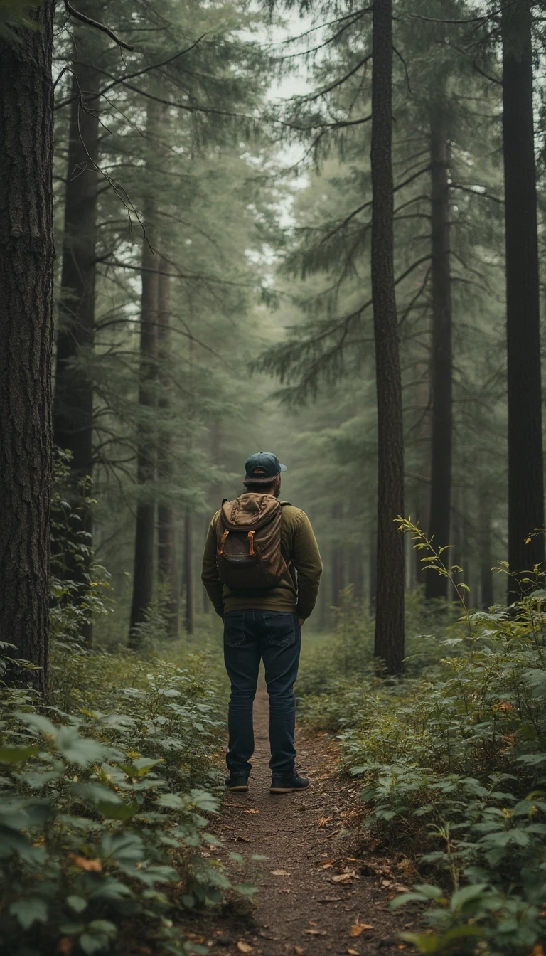 a dude standing in a forest