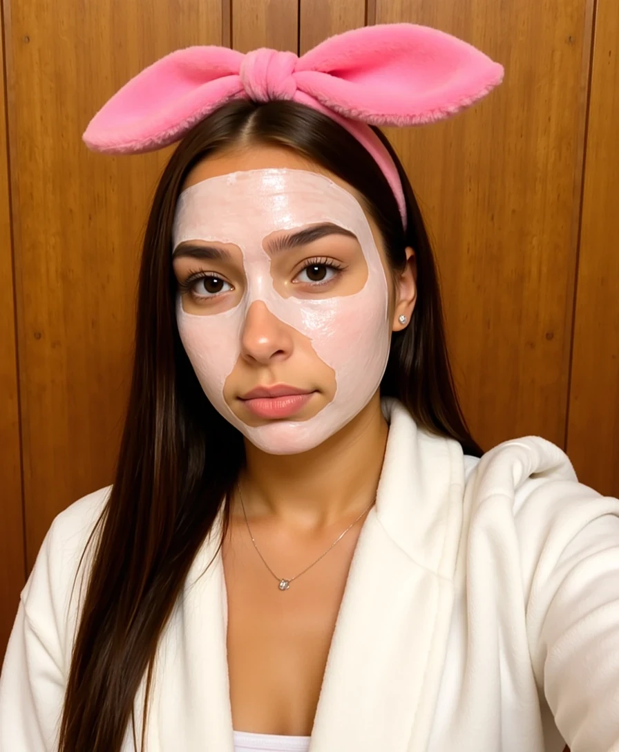 picture of a CSTMDL
Big tits. Large ass. No hip dips. Fit. Wide hips.
She is an 18-year-old girl with long, smooth, medium-dark brown hair (straight to slightly wavy), parted near the center. Her eyes are large, almond-shaped, and warm brown with full lashes and arched brows. She has an hourglass figure: height ~64 in, bust 36 in (28 in underbust), waist 24 in, hips 39 in. Bust is full and projected, waist narrow and flat, hips broad and rounded with lifted glutes. Thighs are full (~24 in), tapering to proportional calves. Arms are slim (~9 in upper arm), shoulders softly broad and balanced with hips. Neck medium, torso compact with a narrow ribcage, legs long relative to torso. Posture upright with mild anterior pelvic tilt. Skin is smooth, lightly tanned, and even-toned.
Scene/Background:
The photo is taken in a wood-paneled room, likely a spa or a warm cabin-inspired space. The natural wood walls create a rustic, intimate atmosphere, perfect for relaxation and self-care.

Pose & Camera Angle:
She captures a close-up selfie, tilting her head slightly to the side, giving a playful yet relaxed vibe. The upward angle highlights her glowing skin treatment and flowing dark hair, cascading over her shoulder.

Outfit & Accessories:

Robe: A plush white bathrobe draped around her shoulders, adding softness and comfort.

Headband: A pink fluffy headband with an oversized bow, both practical for holding her hair back and visually cute, emphasizing a playful femininity.

Jewelry: A delicate necklace peeks through, keeping the look minimal and understated.

Lighting:
Soft, indoor lighting gently brightens her face, reflecting off the face mask and creating a natural glow. The warm tones of the wooden background enhance the cozy and calming mood.

Mood/Vibe:
The vibe is intimate, playful, and self-indulgent—a quiet pampering moment captured mid-routine. It feels personal and cozy, blending self-care with a touch of glamour.