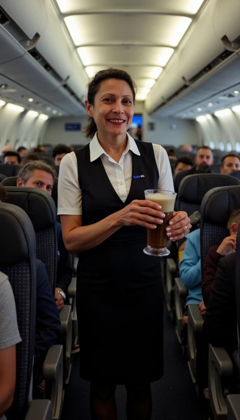 photo of woman CSTMDL, Slightly overexposed photo of a flight attendant in the aisle of a plane, circa 2019. The flight attendant, dressed in a sharp uniform, is handing out drinks to passengers, with a polite smile. The plane’s interior is dimly lit, with reading lights scattered across the rows of seats. The image captures the narrow aisle and the patterned seats stretching into the background. There’s a sense of cramped, busy energy, yet the attendant’s calm demeanor contrasts with the chaos around her, giving the photo a professional but everyday feel.