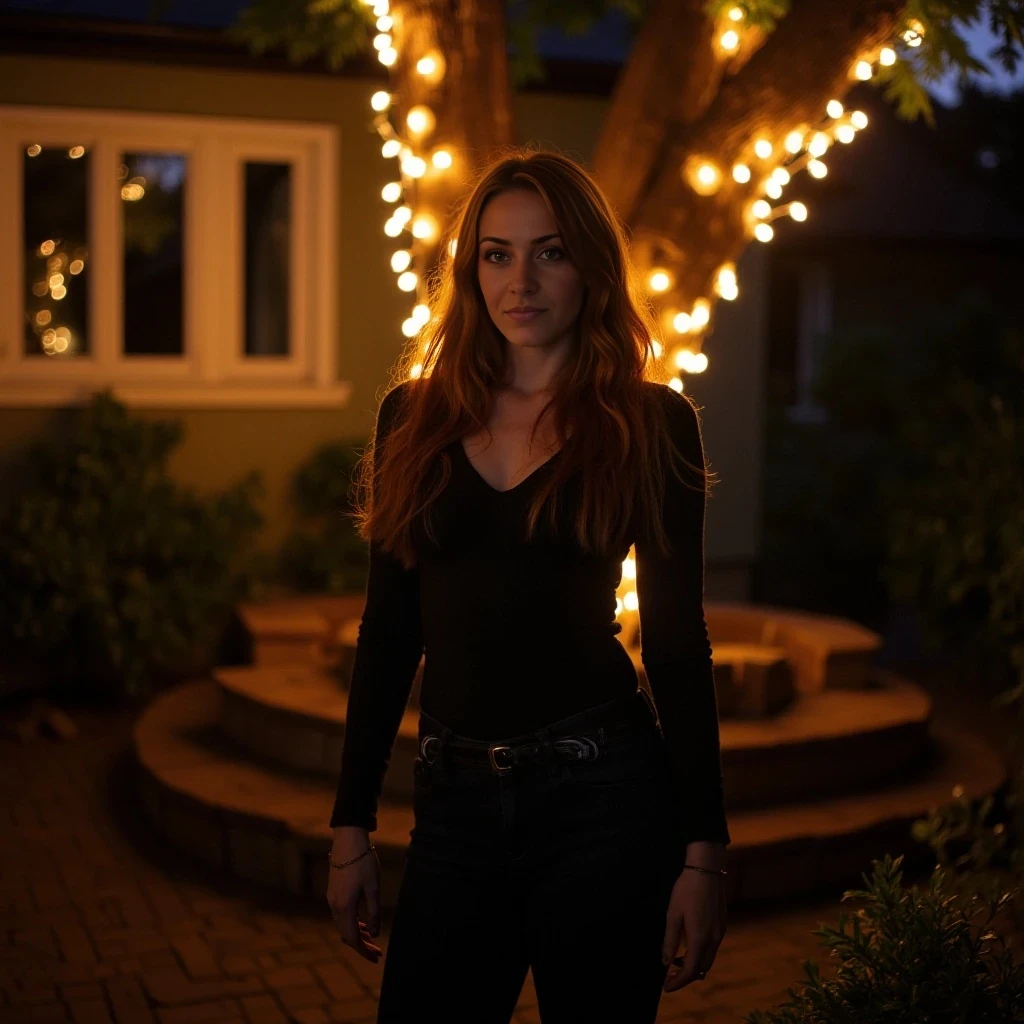 A full body shot photo of a woman standing outside the house cozy, warmly lit patio in the evening, with soft, glowing lights wrapped around a tree behind them creating a charming atmosphere. The image is rich in detail, with warm tones and clear textures throughout. The woman has fair skin, a slim build, and long reddish-blonde hair,