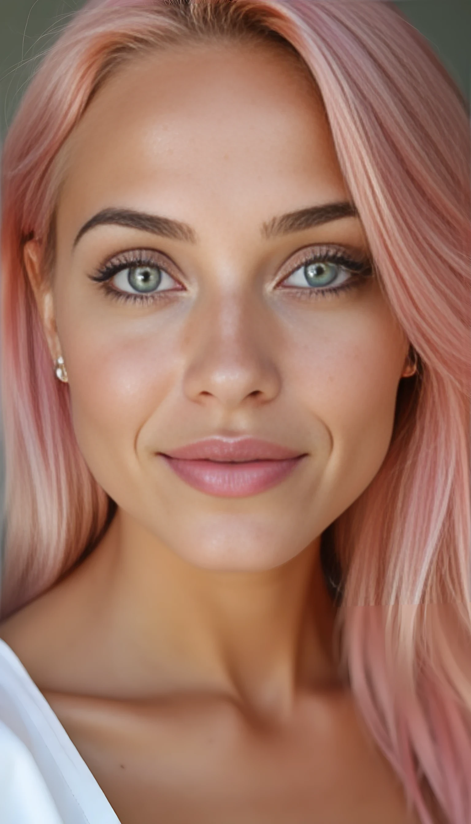A portrait photo of a beautiful 22 years old model, mixed ethnicity of half white American half Brazilian, with natural pastel pink hair, bright jade green eyes, subtle freckles on her cheeks, ultra detailed eyes with sharp iris reflections, slight smile, studio-quality, extremely realistic HD