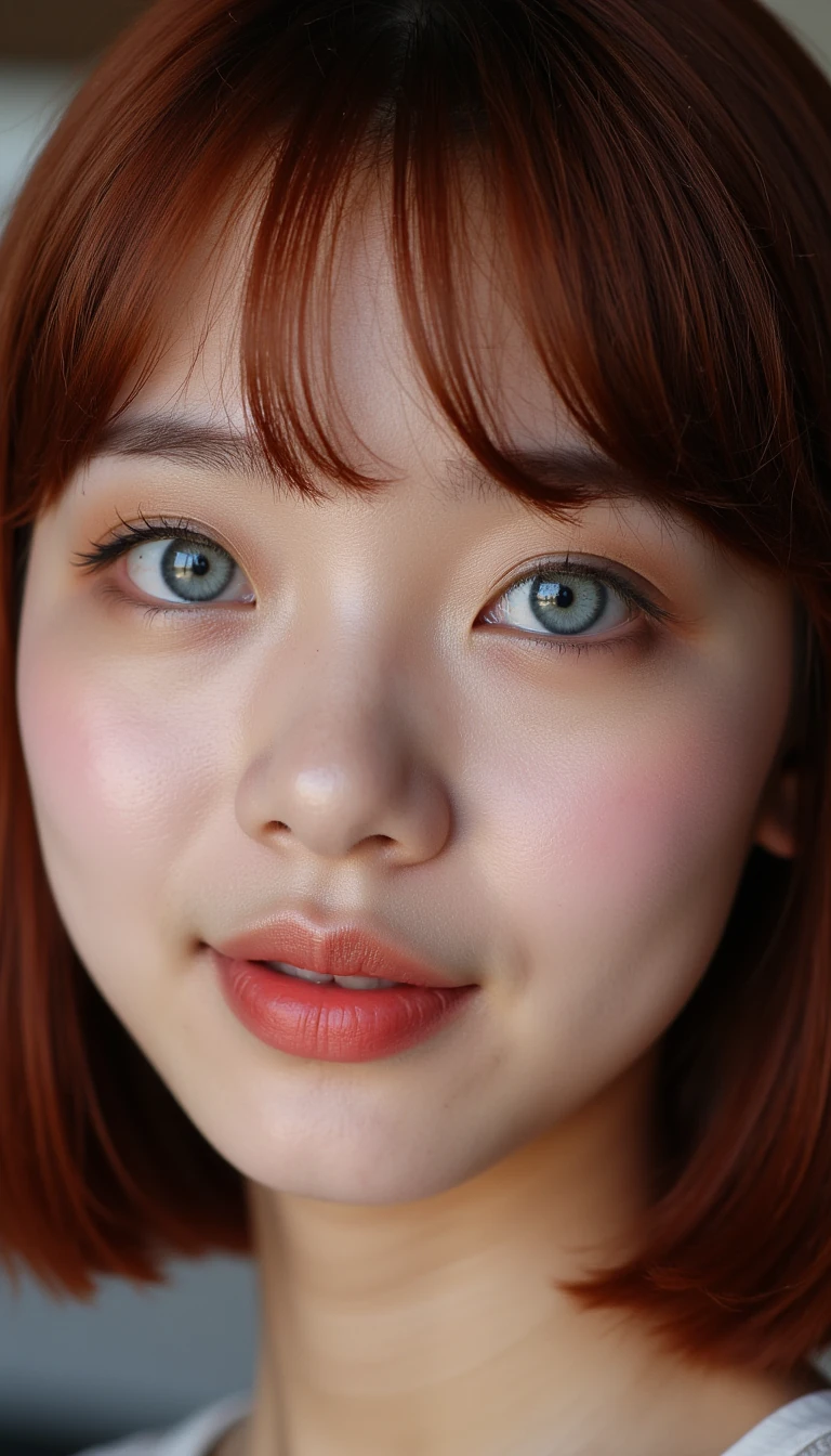 “Close-up portrait of a fictional young woman. Oval face shape with a softly rounded chin, smooth contours, high cheekbones. Dark red shoulder-length wavy bob with a straight fringe across the forehead, shiny and voluminous. Baby-blue almond-shaped eyes, large and expressive, framed by long thick eyelashes, well-groomed slightly arched brows. Small straight nose with a delicate tip. Fuller, symmetrical lips, natural pink tone with a soft glossy finish. Clear, flawless porcelain-like skin, smooth texture, natural radiance, no blemishes. Subtle makeup with light bronzer, soft highlighter, and eyeliner. Gentle, slightly sultry expression, relaxed lips, friendly feminine aura. High-resolution, realistic skin, professional beauty retouch, cinematic lighting, studio-quality portrait.”