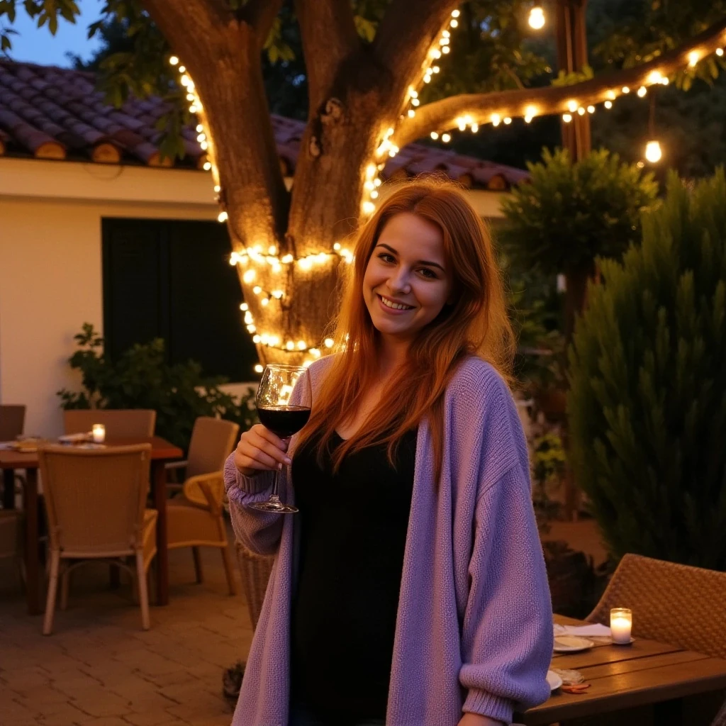 A full body shot photo of a woman standing outdoors at a cozy, warmly lit patio in the evening, with soft, glowing lights wrapped around a tree behind them creating a charming atmosphere. The image is rich in detail, with warm tones and clear textures throughout. The woman has fair skin, a slim build, and long reddish-blonde hair, also worn loose. She is smiling warmly at the camera, holding a glass of red wine in her right hand, and wears a soft-textured lavender cardigan over a black top. The background features a large tree with sparkling string lights wrapped around its trunk and branches, adding a magical touch to the scene. The setting suggests a private outdoor seating area, with elements like terracotta-tiled roofing, greenery, and rattan chairs contributing to a serene, inviting vibe. The overall composition is balanced, with the woman framed against the softly glowing tree, and the lighting enhances the warm, intimate feel of a quiet evening shared among friends. The details are vivid, with textures of clothing, skin, and background elements clearly visible, while the warm lighting creates a relaxed and joyful mood
