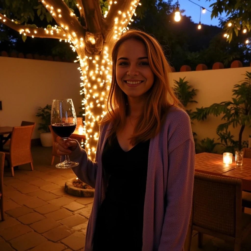 A full body shot photo of a woman standing outdoors at a cozy, warmly lit patio in the evening, with soft, glowing lights wrapped around a tree behind them creating a charming atmosphere. The image is rich in detail, with warm tones and clear textures throughout. The woman has fair skin, a slim build, and long reddish-blonde hair, also worn loose. She is smiling warmly at the camera, holding a glass of red wine in her right hand, and wears a soft-textured lavender cardigan over a black top. The background features a large tree with sparkling string lights wrapped around its trunk and branches, adding a magical touch to the scene. The setting suggests a private outdoor seating area, with elements like terracotta-tiled roofing, greenery, and rattan chairs contributing to a serene, inviting vibe. The overall composition is balanced, with the woman framed against the softly glowing tree, and the lighting enhances the warm, intimate feel of a quiet evening shared among friends. The details are vivid, with textures of clothing, skin, and background elements clearly visible, while the warm lighting creates a relaxed and joyful mood