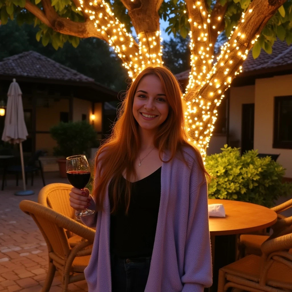 A full body shot photo of a woman standing outdoors at a cozy, warmly lit patio in the evening, with soft, glowing lights wrapped around a tree behind them creating a charming atmosphere. The image is rich in detail, with warm tones and clear textures throughout. The woman has fair skin, a slim build, and long reddish-blonde hair, also worn loose. She is smiling warmly at the camera, holding a glass of red wine in her right hand, and wears a soft-textured lavender cardigan over a black top. The background features a large tree with sparkling string lights wrapped around its trunk and branches, adding a magical touch to the scene. The setting suggests a private outdoor seating area, with elements like terracotta-tiled roofing, greenery, and rattan chairs contributing to a serene, inviting vibe. The overall composition is balanced, with the woman framed against the softly glowing tree, and the lighting enhances the warm, intimate feel of a quiet evening shared among friends. The details are vivid, with textures of clothing, skin, and background elements clearly visible, while the warm lighting creates a relaxed and joyful mood