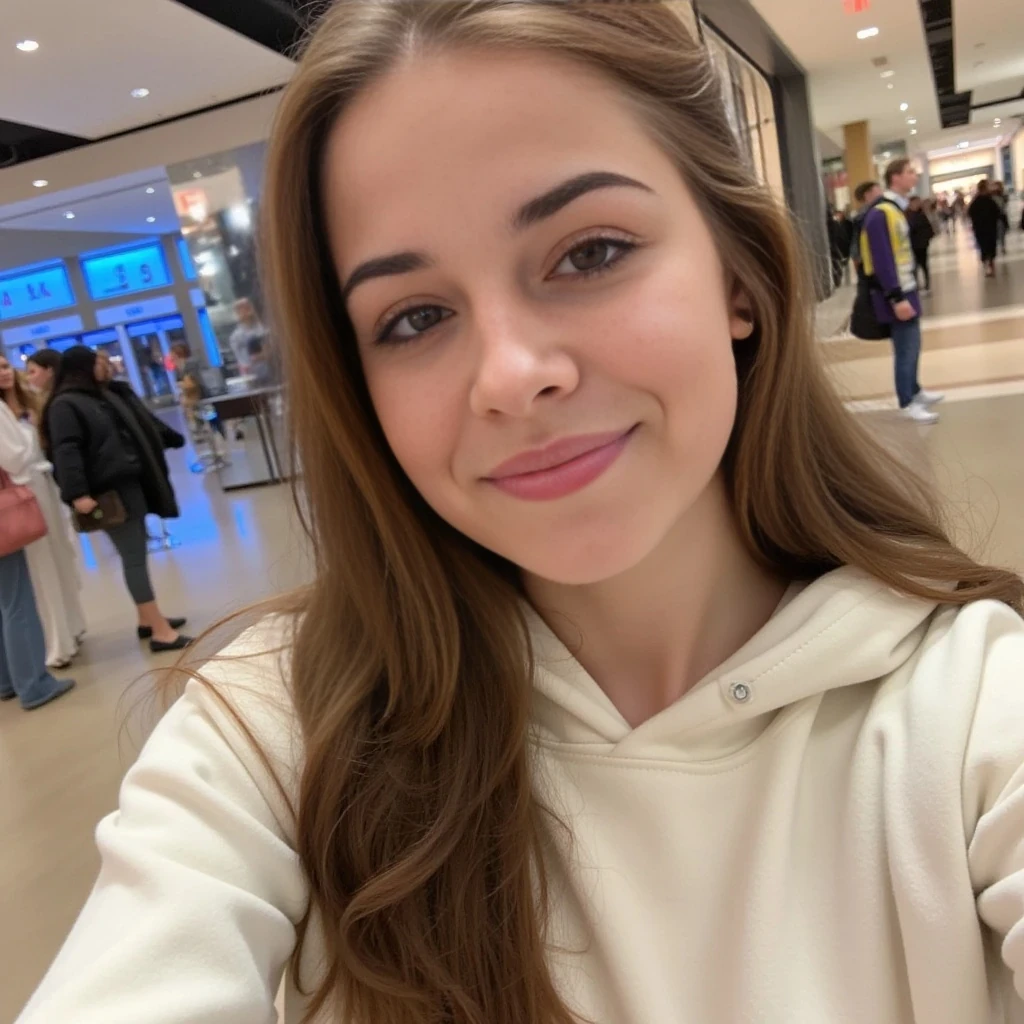 boring low quality snapchat photo circa 2015, average looking woman, full outfit, standing, soft light brown hair, mall background