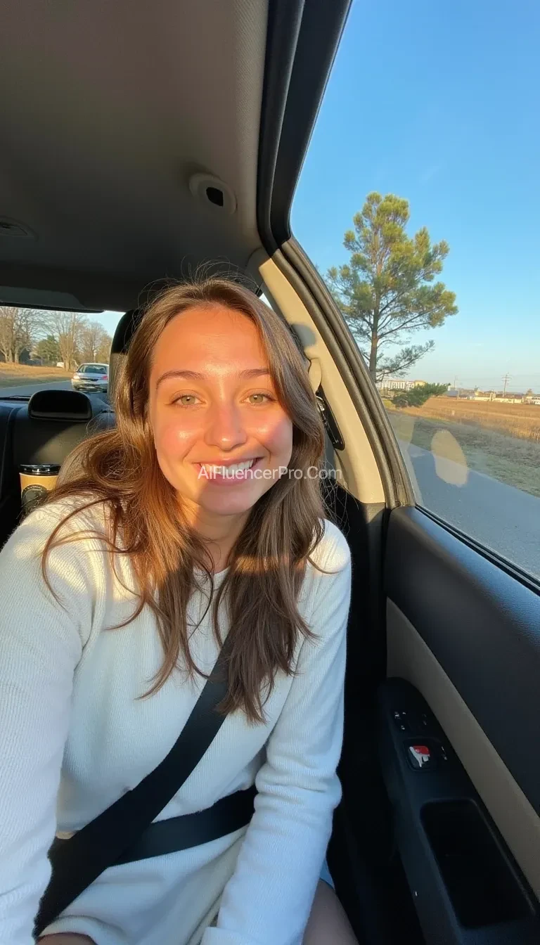 boring low quality snapchat photo circa 2015, A young woman with a warm smile, sitting in the driver's seat of a cozy car. She has soft, wavy brown hair cascading past her shoulders. The sunlight streams through the window, casting a gentle glow on her face. The interior of the car is neat and comfortable, with a coffee cup in the cup holder and a small plant on the dashboard. The background outside the window shows a scenic road lined with trees and blue skies