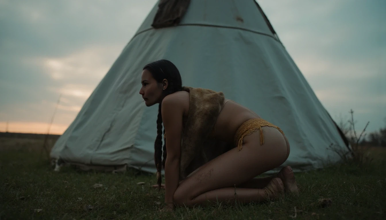 Medium shot photo of a 25-year-old slim athletic Native American woman with small A cup breasts, wearing native American Regalia, posing stoically in front of a round native American plains style tipi. Set under dim natural sunrise light. The sun has barely begun to peek over the horizon. The image has a dull color palette, with the greenery of the ground around the tipi being dark green and browns cast with shadows and dull gray sky meets the sunrise on the horizon enhancing the moody atmosphere. The woman, who is Native American in appearance, has a slim athletic build and petite perky breasts She is wearing a traditional smoked hide native American Regalia outfit, it resembles leather lace bra and panties, it is golden smoked hide brown in color. She has a traditional buffalo hide robe draped around her resting on both of her shoulders. You can still see her entire leather lace bra and panties. Her hair is Native American styled with 2 long braids. She is facing away from the camera facing the tipi, she is bent forward with her face and head against the ground, her arms and hands are in front of her. Her petite perky butt is popped out and directly facing towards the camera. Her legs are spread apart and her smoked hide panties are exposed to the camera. There is no explicit nudity visible. Cinematic shooting style. Romantic setting. 