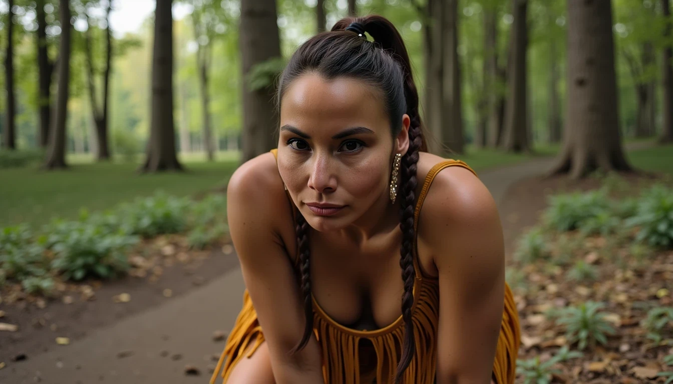 A medium shot photo of woman CSTMDL, a 25-year-old native American woman. The woman who is Native American in appearance has light tan skin tone, she is tall with a petite slender skinny build, petite small boobs, flat chest, her nipples are small petite and dark skinned with long hard pointy nipple ducts that visiblly poke through her bra. She is wearing her hair in a native American style with 2 long braids, She is wearing a sexy native American leather outfit in a golden yellow color, tied up to a tree in a wooded area she is bent over on all fours on the ground, she is tied up to a tree, She is maintaining intense eye contact with the camera staring stoically without any other expression at all. The composition captures a casual, candid moment, romantic setting, Hyper realism, captured with a nikon d850, 16k, uhd, ultra-sharp focus, depth of field, perfect meshes and textures, highly detailed, highly accurate reflections, volumetric fog, volumetric lighting, volumetric light, hdr, ray tracing, cinematic shooting style, her whole body is in the frame, 