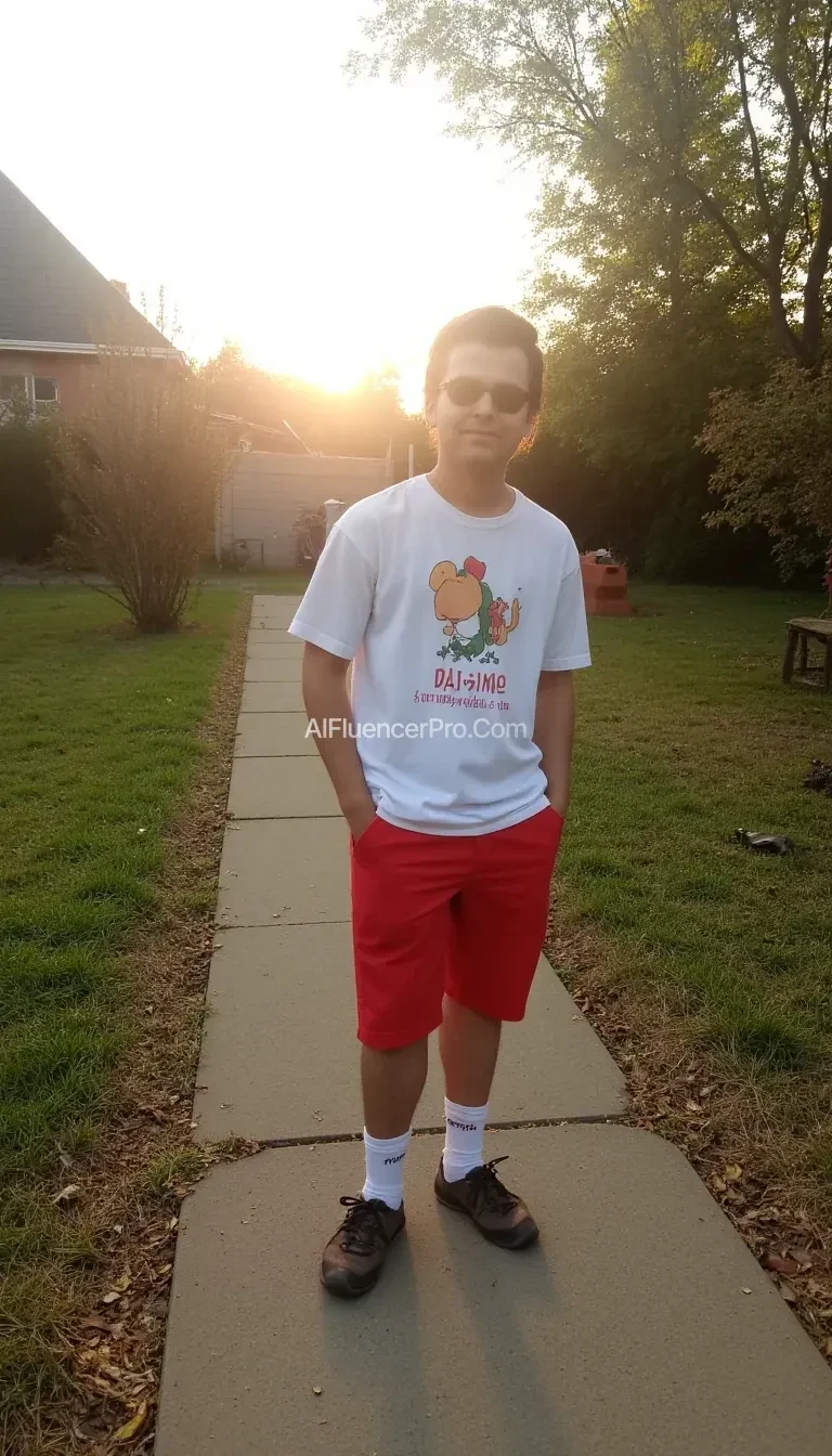 A person stands casually on a sidewalk, wearing a white T-shirt with a cartoon design and red shorts. The sun is setting in the background, casting a warm glow and creating long shadows. A mixture of grass and fallen leaves surrounds the pathway, and a house with a steep roof is partly visible. The trees nearby add a touch of greenery, contributing to the serene suburban atmosphere.