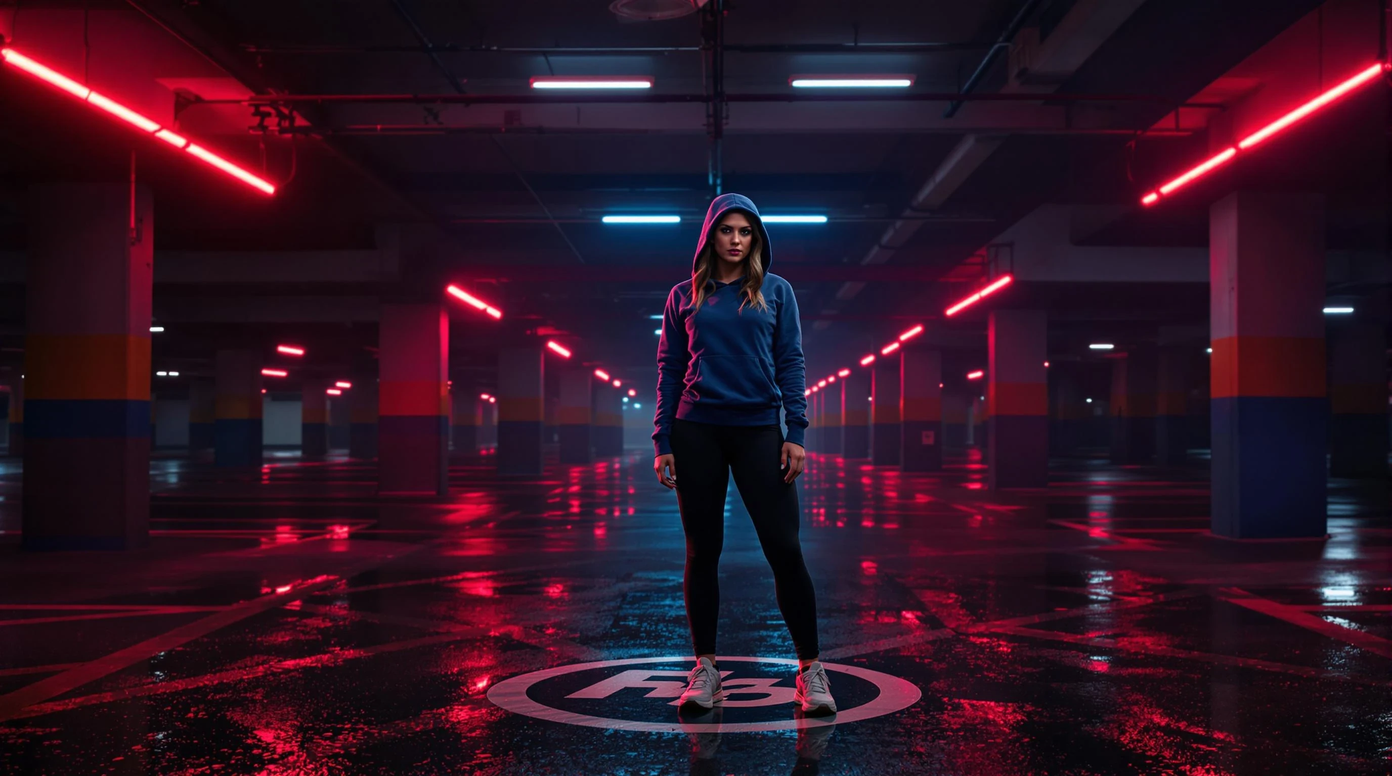 A realistic cinematic photo of a confident, athletic woman standing in an abandoned underground parking lot at night, illuminated by neon lights in red and blue tones. She wears a hoodie, sneakers, and has an intense, focused look. The scene is moody, with foggy air and reflections on the wet ground. The atmosphere feels dark, aggressive, and urban. The composition leaves enough empty space in the center for a circular logo.



