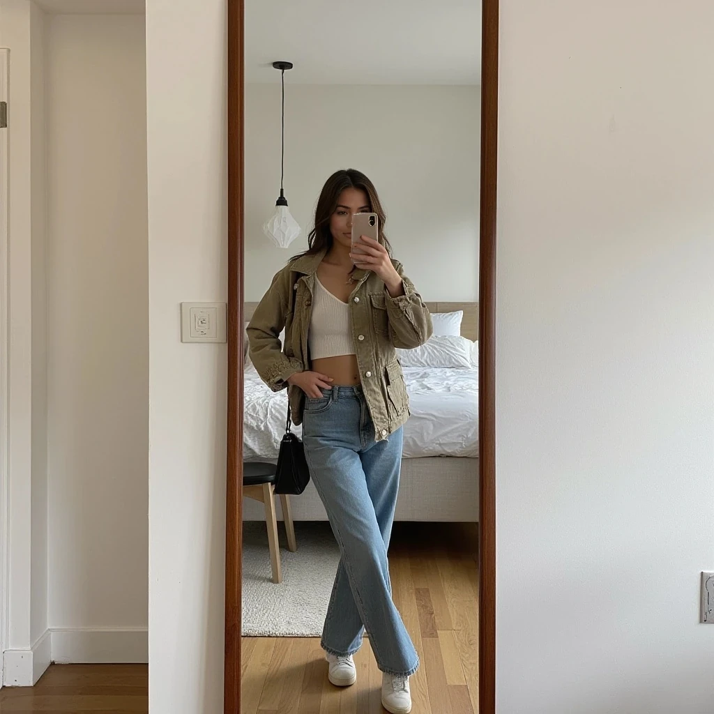 Woman standing in front of a large mirror, wearing stylish casual clothing, one hand on hip, phone in the other hand taking a mirror selfie, modern bedroom in the background, natural lighting, confident pose, soft shadows, ultra-realistic, 8k detail
