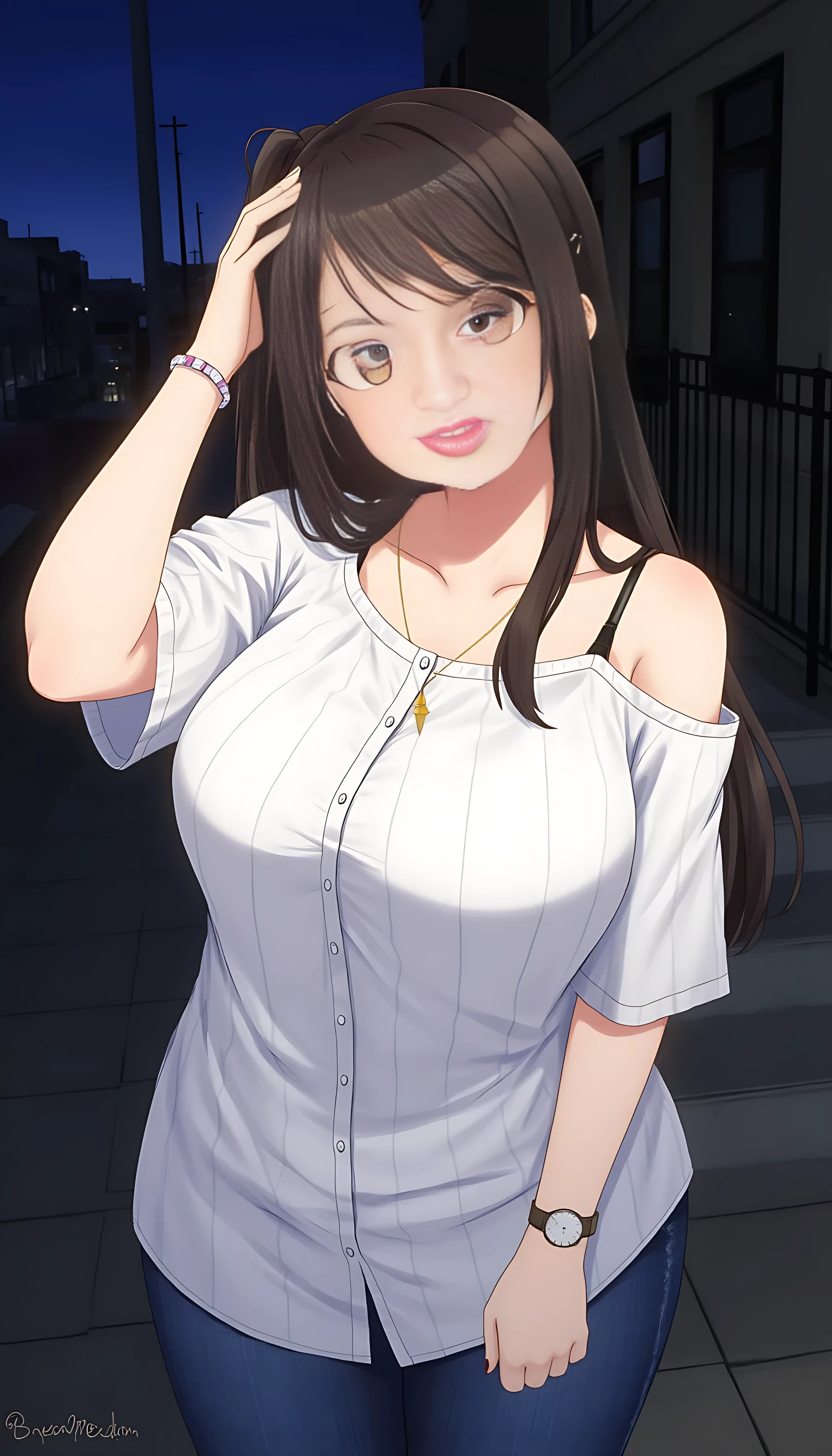 1girl, solo, long hair, breasts, looking at viewer, smile, open mouth, brown hair, large breasts, black hair, shirt, brown eyes, cleavage, bare shoulders, jewelry, standing, collarbone, short sleeves, white shirt, earrings, outdoors, sleeveless, striped, teeth, solo focus, pants, hand up, necklace, grin, nail polish, bracelet, arm up, lips, fingernails, bare arms, makeup, sleeveless shirt, night, watermark, upper teeth, lipstick, denim, building, hair over shoulder, web address, camisole, watch, plump, jeans, pink lips, stairs, city, nose, fence, photo (medium), railing, wristwatch, dark, spaghetti strap, blue pants, eyeliner, hand on own head