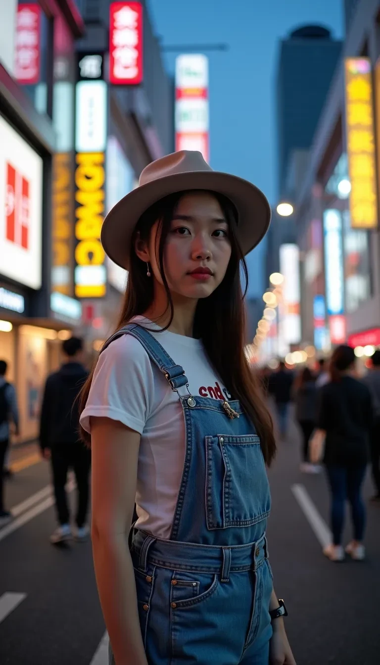 AI image prompt: boring low quality snapchat photo circa 2015, A candid photo of a young college girl standing in a busy street in Tokyo at dusk. She's wearing stylish, modern denim overalls and a casual hat, blending urban fashion with a touch of retro style. Neon signs light up the background, reflecting off the glass storefronts and creating a vibrant, colorful atmosphere typical of Shibuya or Shinjuku. People are passing by, and there's a sense of hustle and bustle around her. The light from the streetlamps and shop signs casts a soft glow across her face, while the city's iconic skyscrapers loom in the background. The ambiance is energetic and urban, evoking the fast-paced rhythm of life in Tokyo.