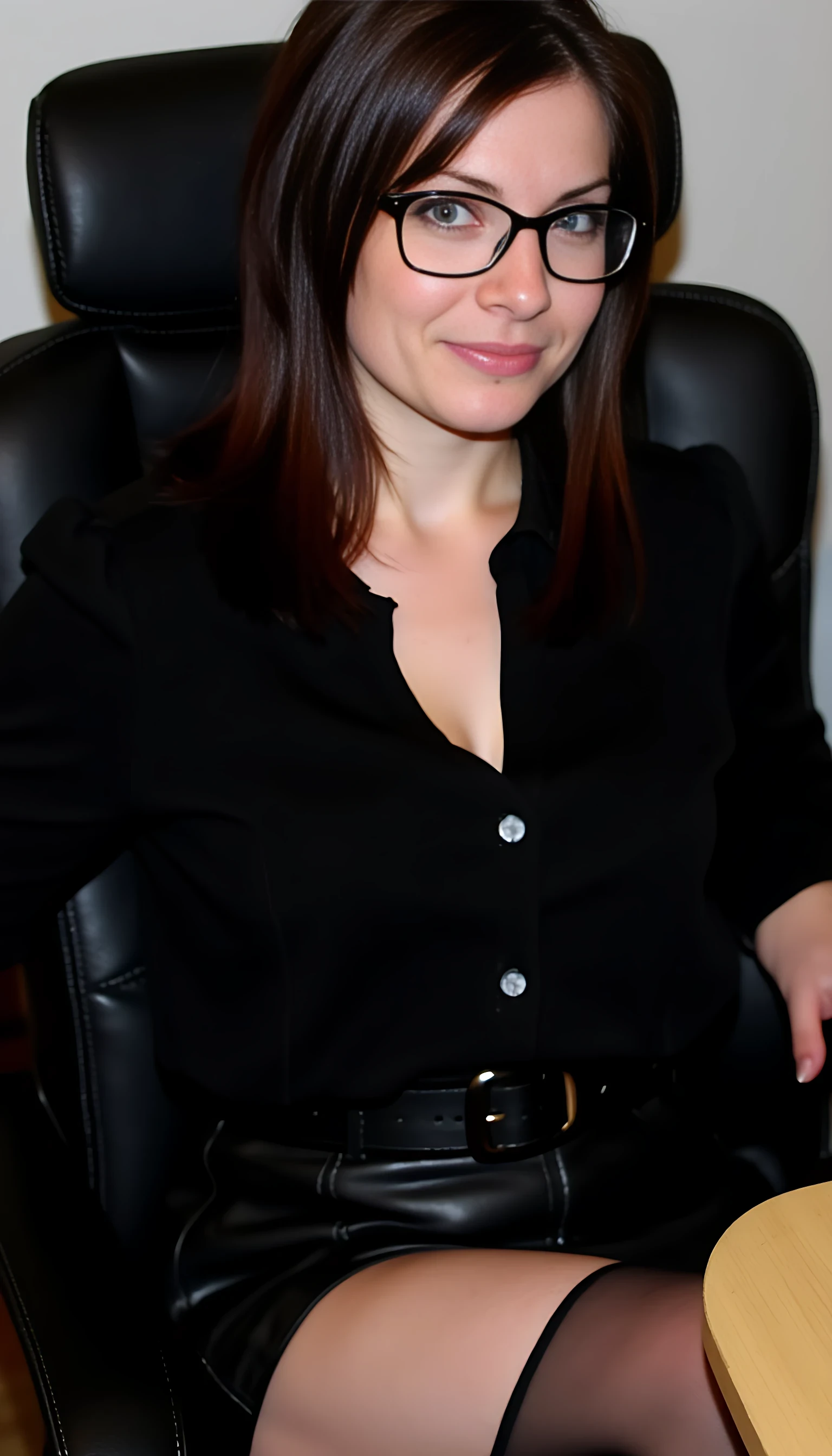 This is a highly detailed photography depicting a woman CSTMDL with fair skin, blue eyes and dark brown hair. She is seated on a black office chair, leaning slightly forward with her right hand resting on her knee and her left hand on the armrest. Her facial expression is calm and slightly contemplative, with her lips slightly parted and eyes looking directly at the viewer. She is wearing large, black-framed glasses that accentuate her delicate features.

Her attire includes a black, long-sleeved blouse that is buttoned up to the top, revealing a hint of cleavage and emphasizing her very large natural breasts. her enormous chest stretches the fabric of her top and molds her feminine shapes. She pairs the blouse with a high-waisted, black leather skirt that hugs her hips and midsection, accentuating her thin and athletic but yet curvy and plain feminine curves figure. The skirt is fastened with a black belt, adding to the sleek, professional look. She wears what appears to be thin, transparent black stockings. The stockings are attached with a garter belt whose only the fastener can be seen. she wears black high heels with red sole and heel. She also wears large, dangling earrings that add a touch of elegance to her appearance.

In the background, there is a white desk with a computer monitor and a pile of books and papers, indicating an office setting. The lighting in the image is soft, creating a warm and inviting atmosphere. The overall style of the artwork is realistic with a slight touch of hyper-realism, capturing fine details and textures with precision.
Photo (medium).