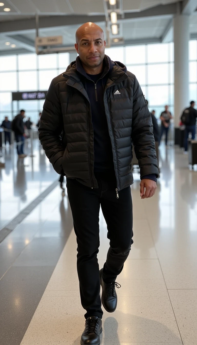 walking in the airport, CSTMDL, real proportions, bald, authentic model, exact facial look and body of AM 2.0, handsome