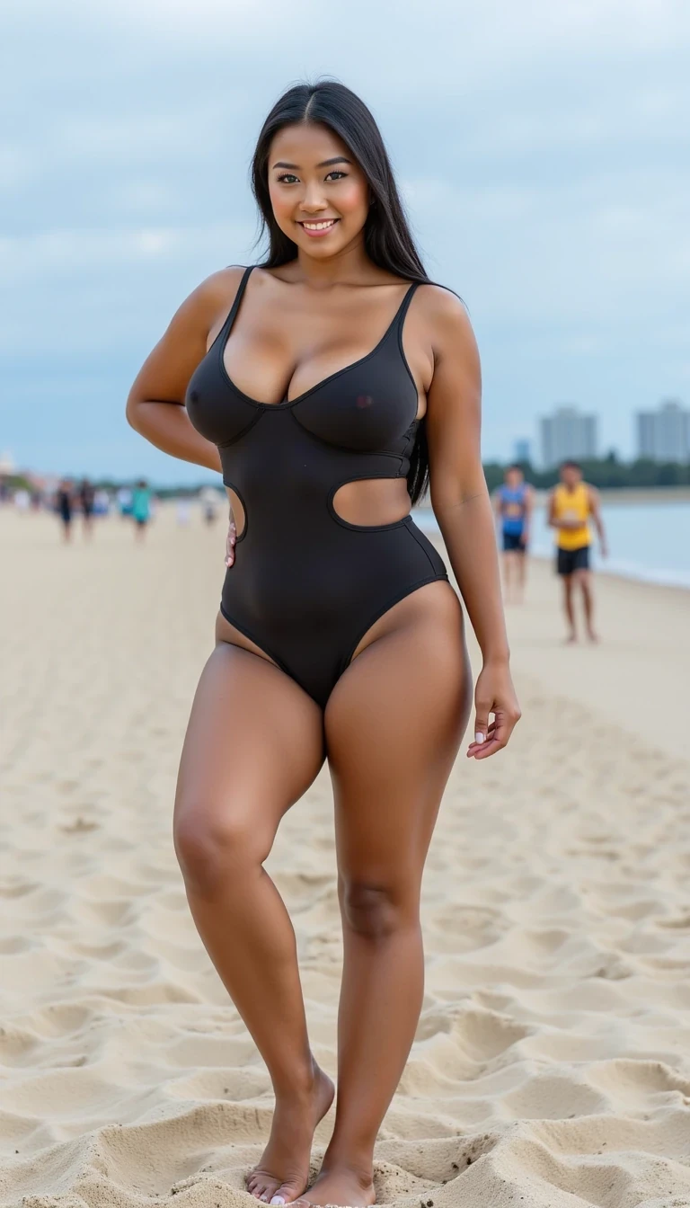 boring low quality snapchat photo circa 2015, a woman CSTMDL model wearing Instagram outfit on beach, instagram photo, instagram, hourglass figure