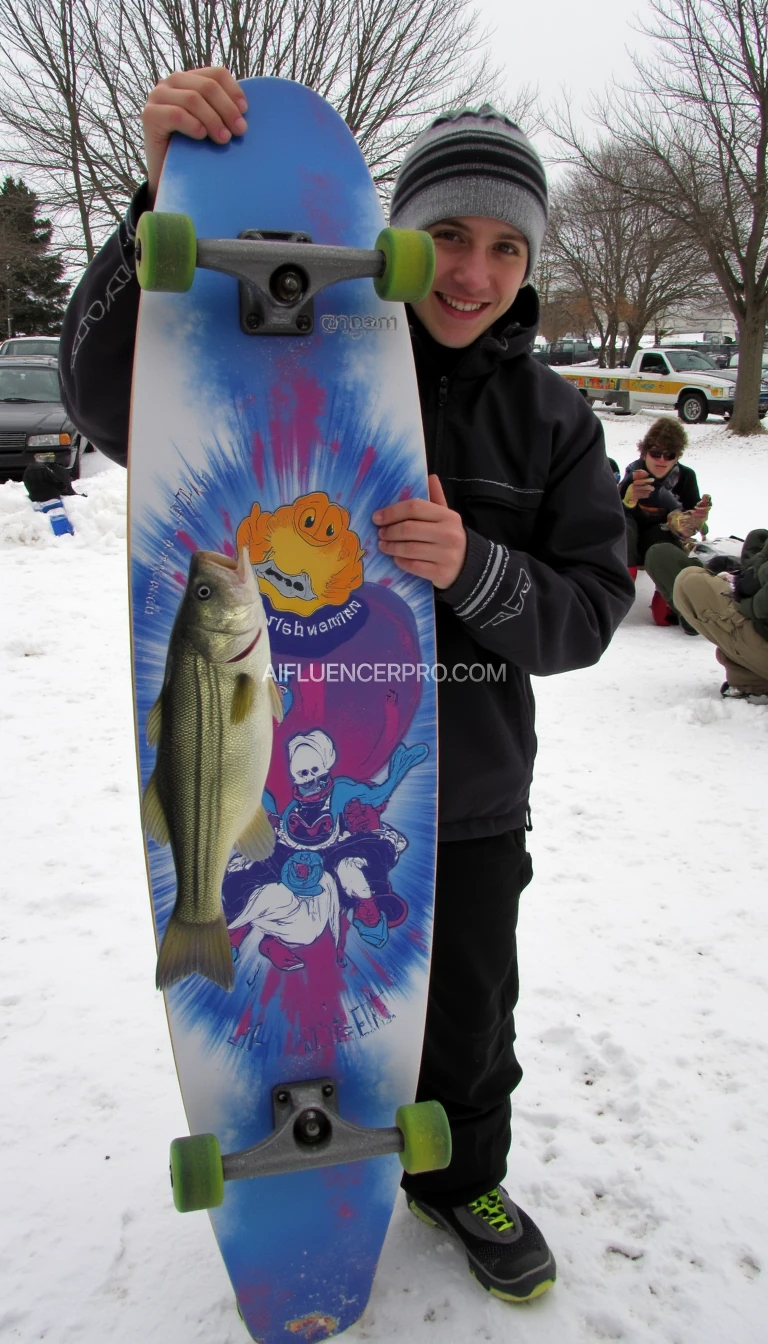 Destin Warner from Beiseker, Ab skateboarding and holding a fish