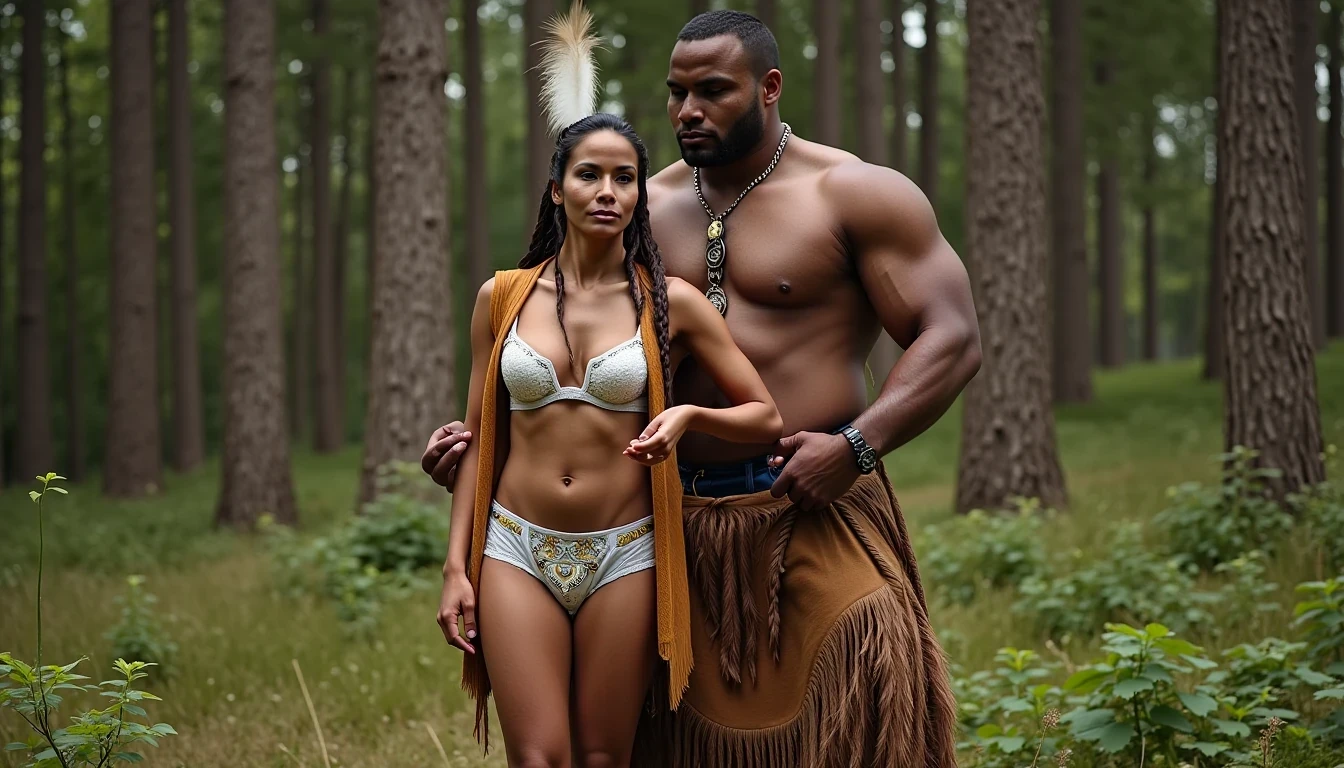 photo of woman CSTMDL, a medium shot photo of, a slim woman, her full body is in the scene, she has a slender petite build with petite small boobs and a flat chest, she has small dark skin nipples with long pointy nipple ducts and small dark skinned areolas, her hair is styled with two long braids she has eagle plumes in her hair, she is not wearing earrings, she is wearing daisy duke denim booty shorts, she is wearing a native American style vest in a golden yellow color over top of her underwear, her vest is open exposing her strapless bra, her bra is a strapless white lace bra, she is wearing white lace panties, she is wearing ankle height smoked hide moccasins, natural lighting, natural light, amateur photography, shot on an iPhone, she is standing with her legs spread wide apart in a densely wooded forest, she is maintaining intense eye contact with the camera, there is a giant native American fat man three times her height kneeling directly behind her holding onto gripping the woman's waistline, the man is holding her in front of him, the man is a real giant three times the height of an average male, public setting, Hyper realism, ultra-sharp focus, highly detailed, natural lighting, natural light, amateur photography, she has her hands placed on the giants forearms 